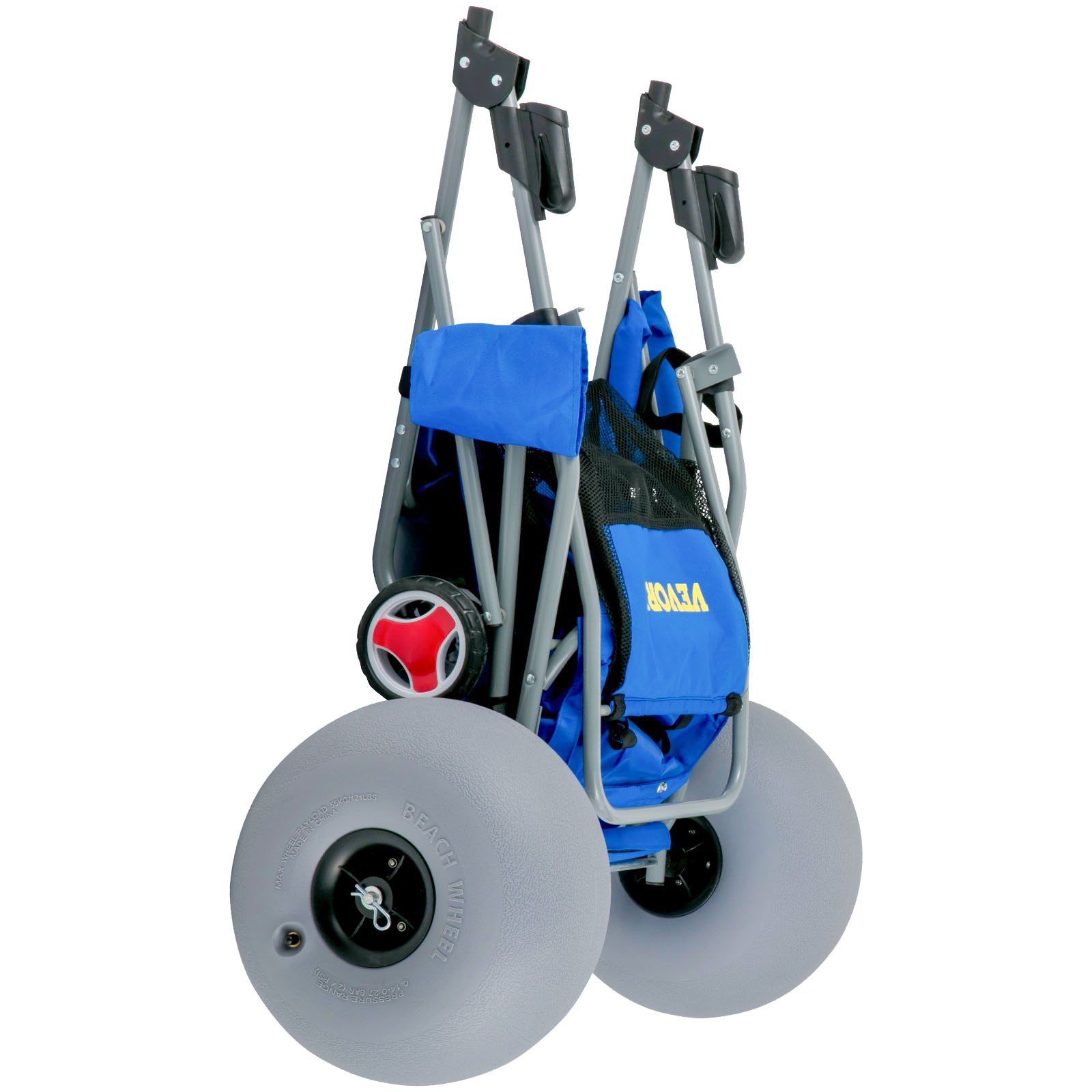 Carrito de playa VEVOR plegable con grandes ruedas grises, tela azul y marco duradero para facilitar el transporte a la playa.