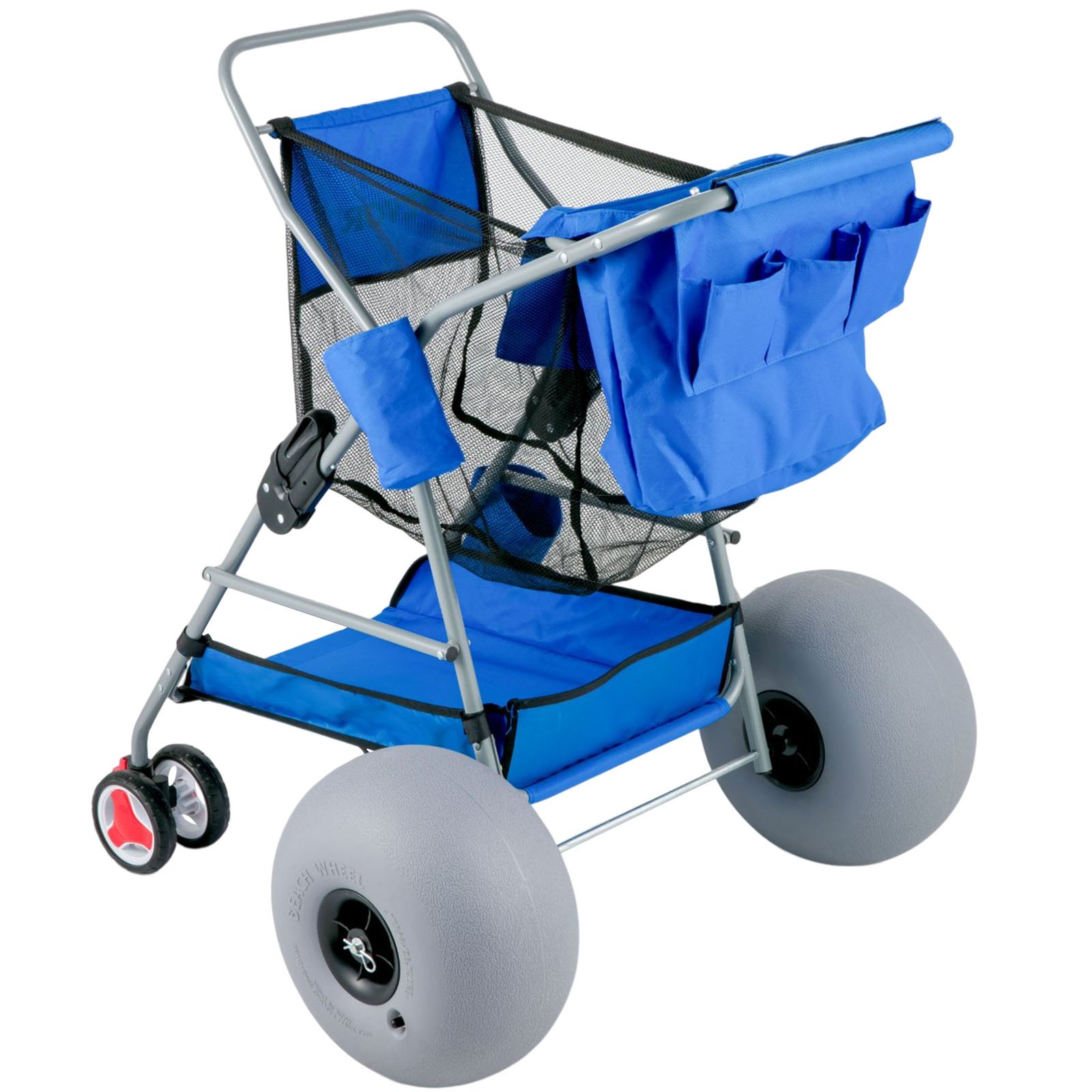Carrito de playa VEVOR con tela azul, ruedas grises grandes y estructura de metal resistente para transportar arena fácilmente.