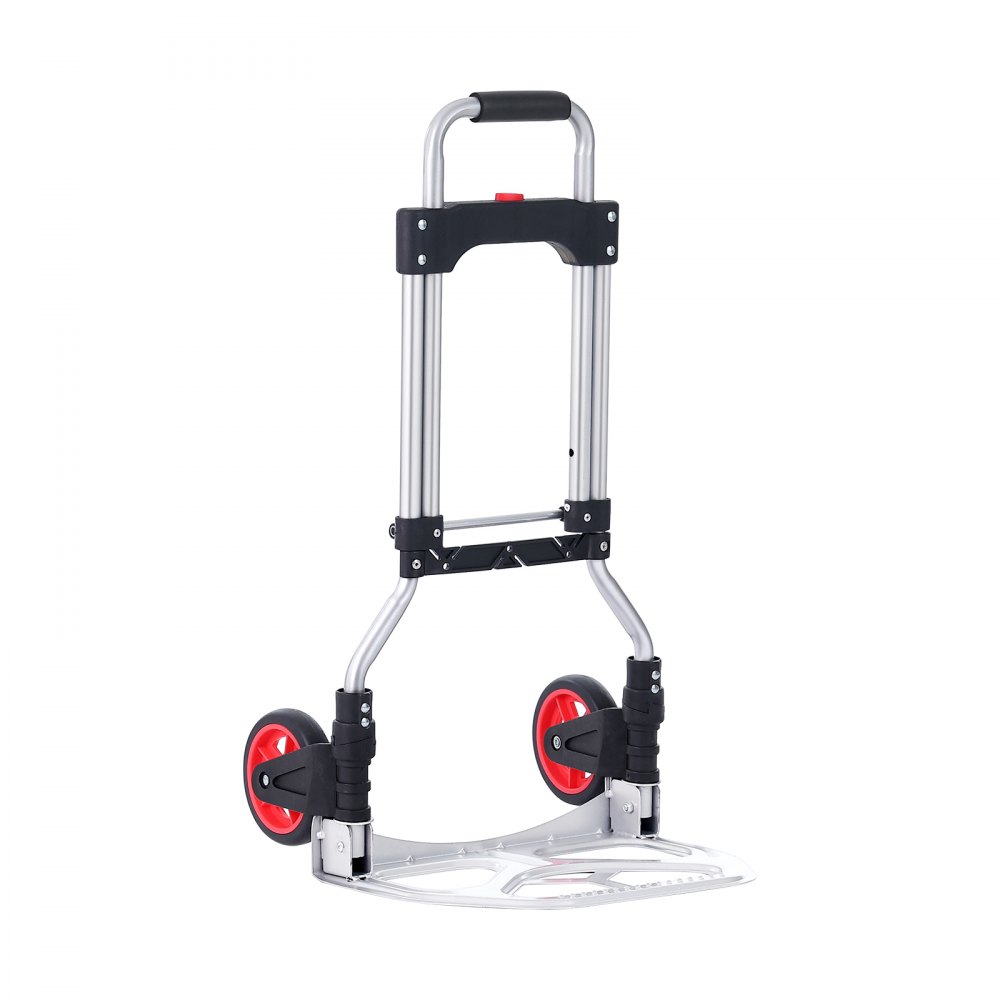 Carretilla de mano plegable VEVOR con ruedas rojas y estructura de aluminio, dispone de asa plegable para facilitar el transporte.