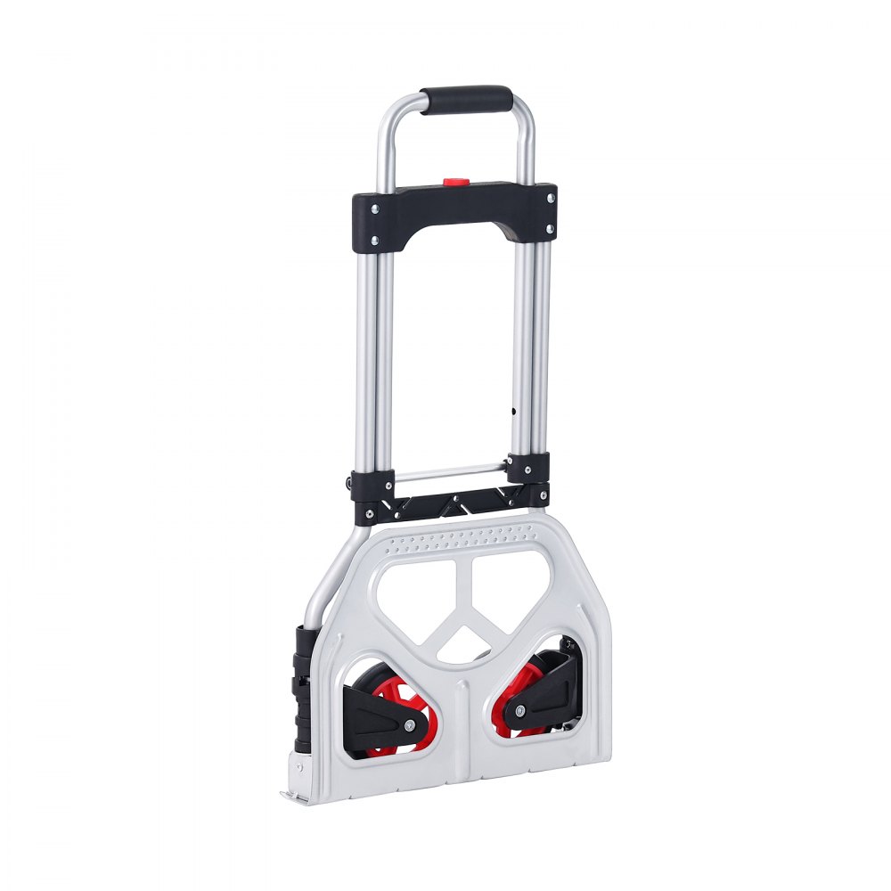 Carretilla de mano plegable VEVOR con ruedas rojas, mango telescópico, estructura de aluminio ligero.