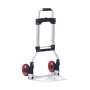 Carretilla de mano plegable VEVOR con ruedas rojas y estructura de aluminio, dispone de asa plegable para facilitar el transporte.