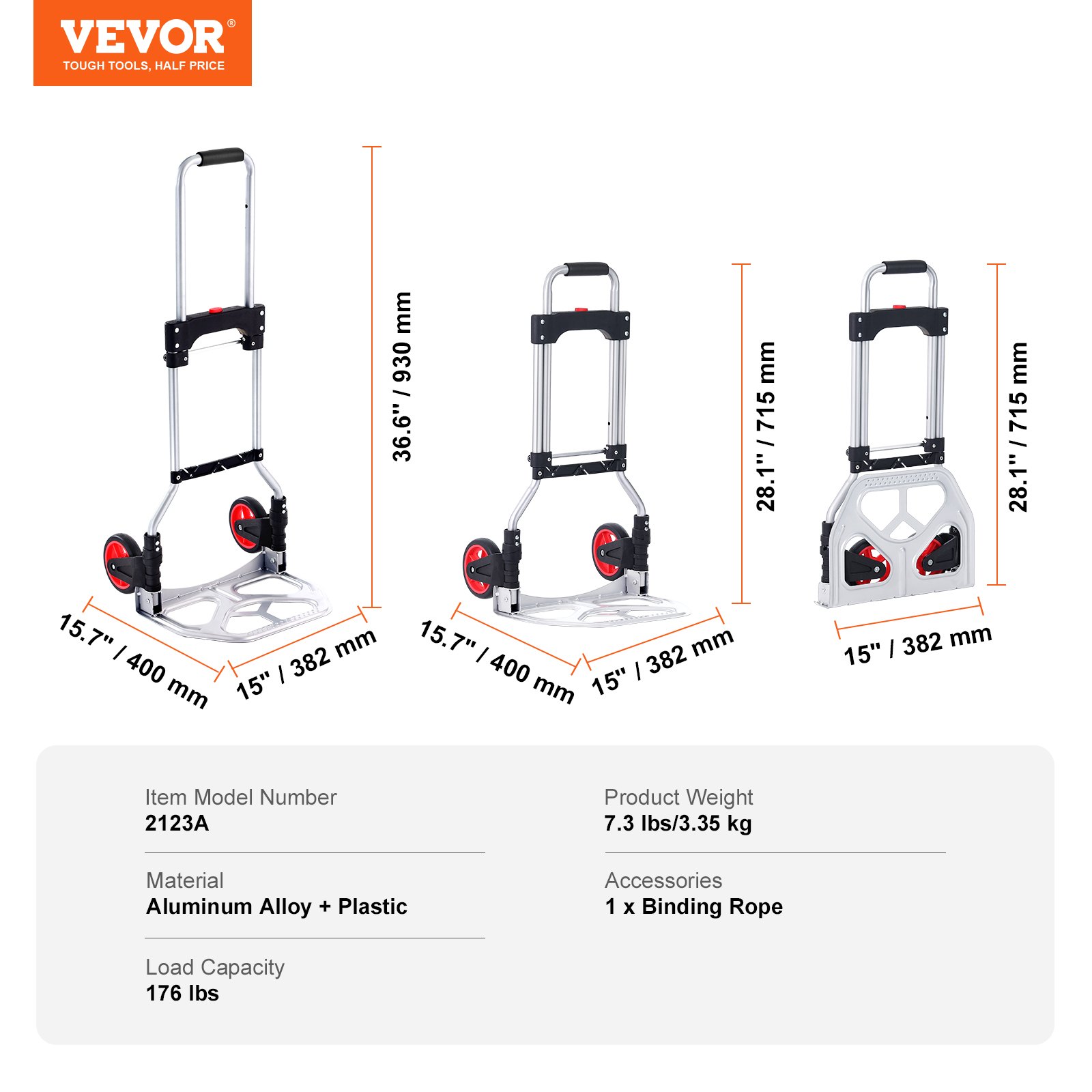 Carretilla de mano plegable VEVOR con ruedas rojas, construcción de aleación de aluminio y capacidad de carga de 176 libras.