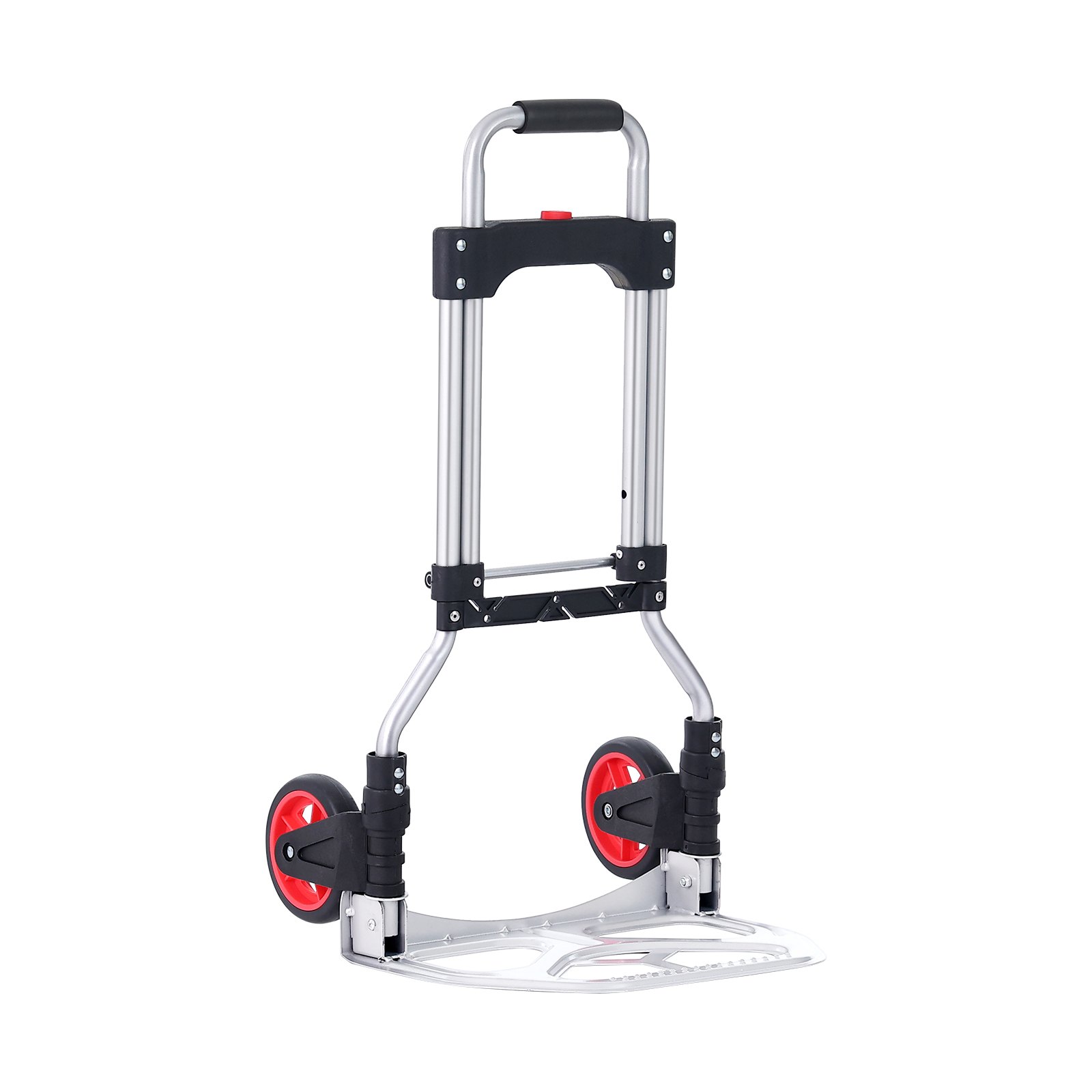 Carretilla de mano plegable VEVOR con ruedas rojas y estructura de aluminio, dispone de asa plegable para facilitar el transporte.