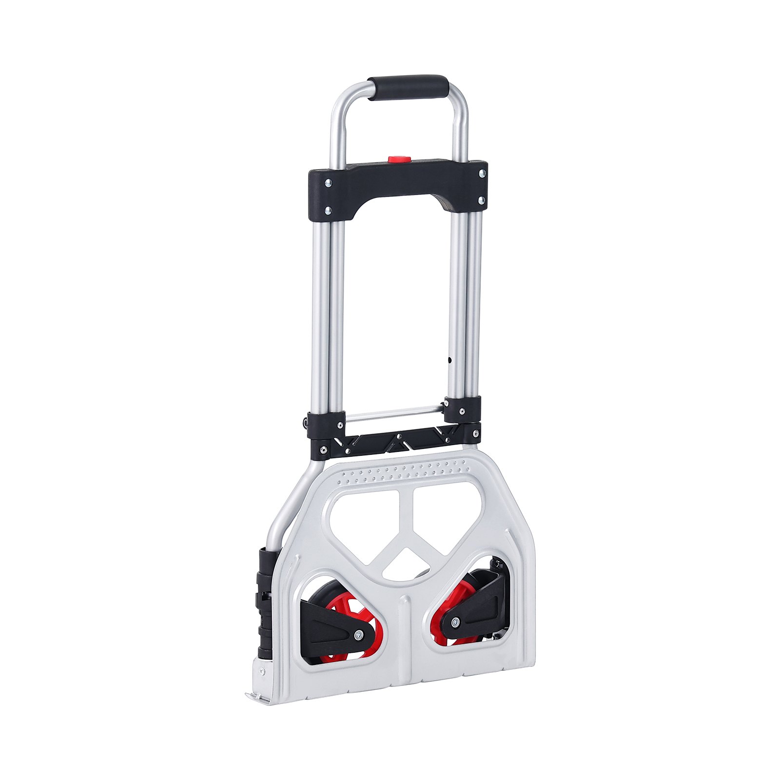 Carretilla de mano plegable VEVOR con ruedas rojas, mango telescópico, estructura de aluminio ligero.