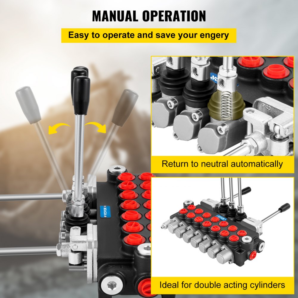 Válvula de control hidráulica VEVOR con operación manual y retorno neutro para cilindros duales.