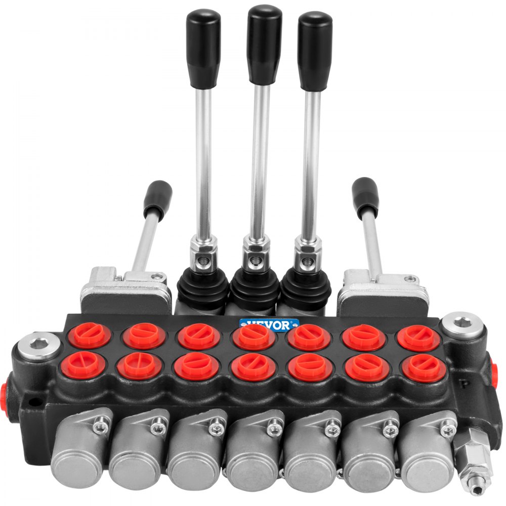 Válvula de control hidráulica VEVOR con cinco palancas plateadas y puertos con tapa roja.