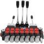 Válvula de control hidráulica VEVOR con cinco palancas plateadas y puertos con tapa roja.