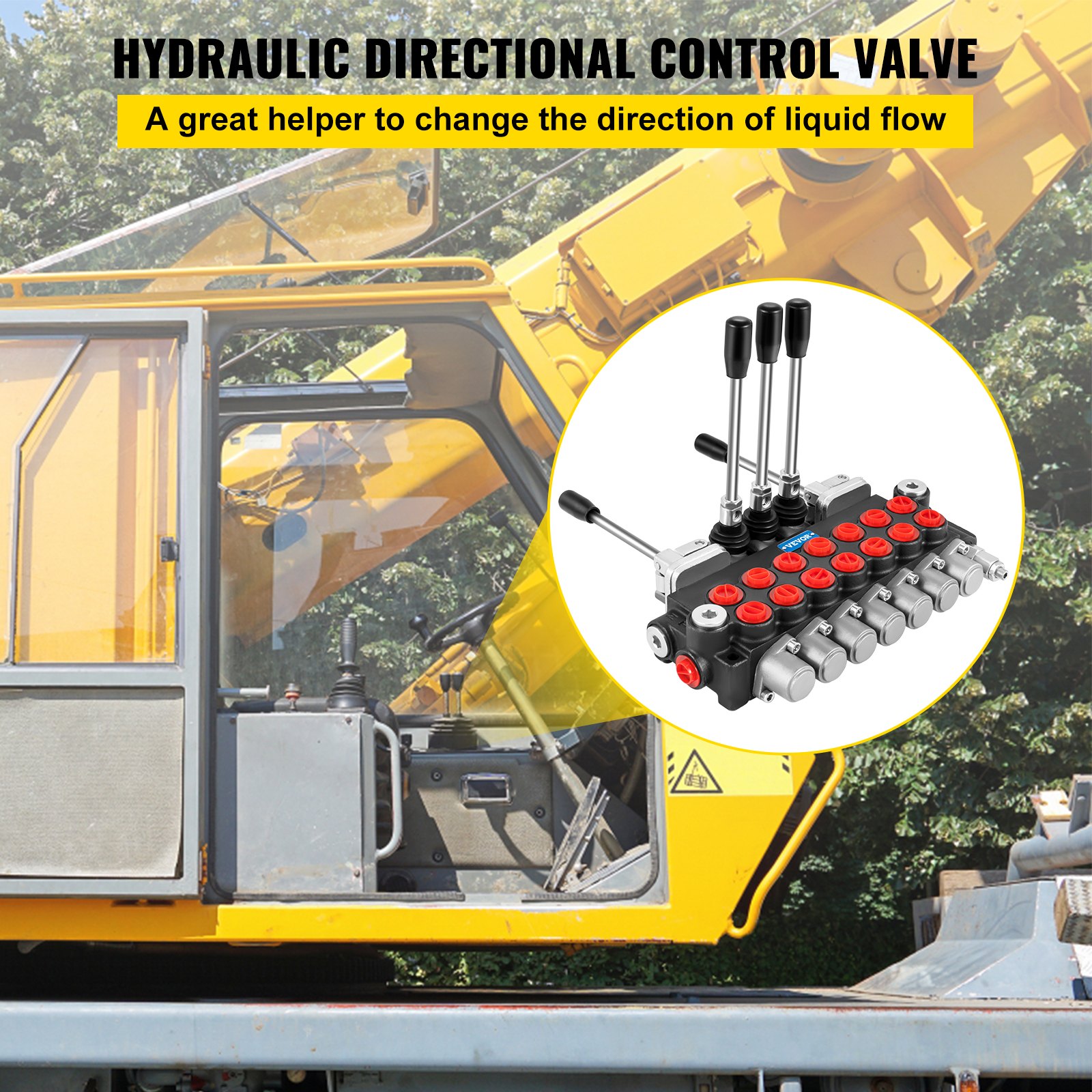 Cabina de grúa amarilla con inserción de válvula de control hidráulico VEVOR y descripción del producto.