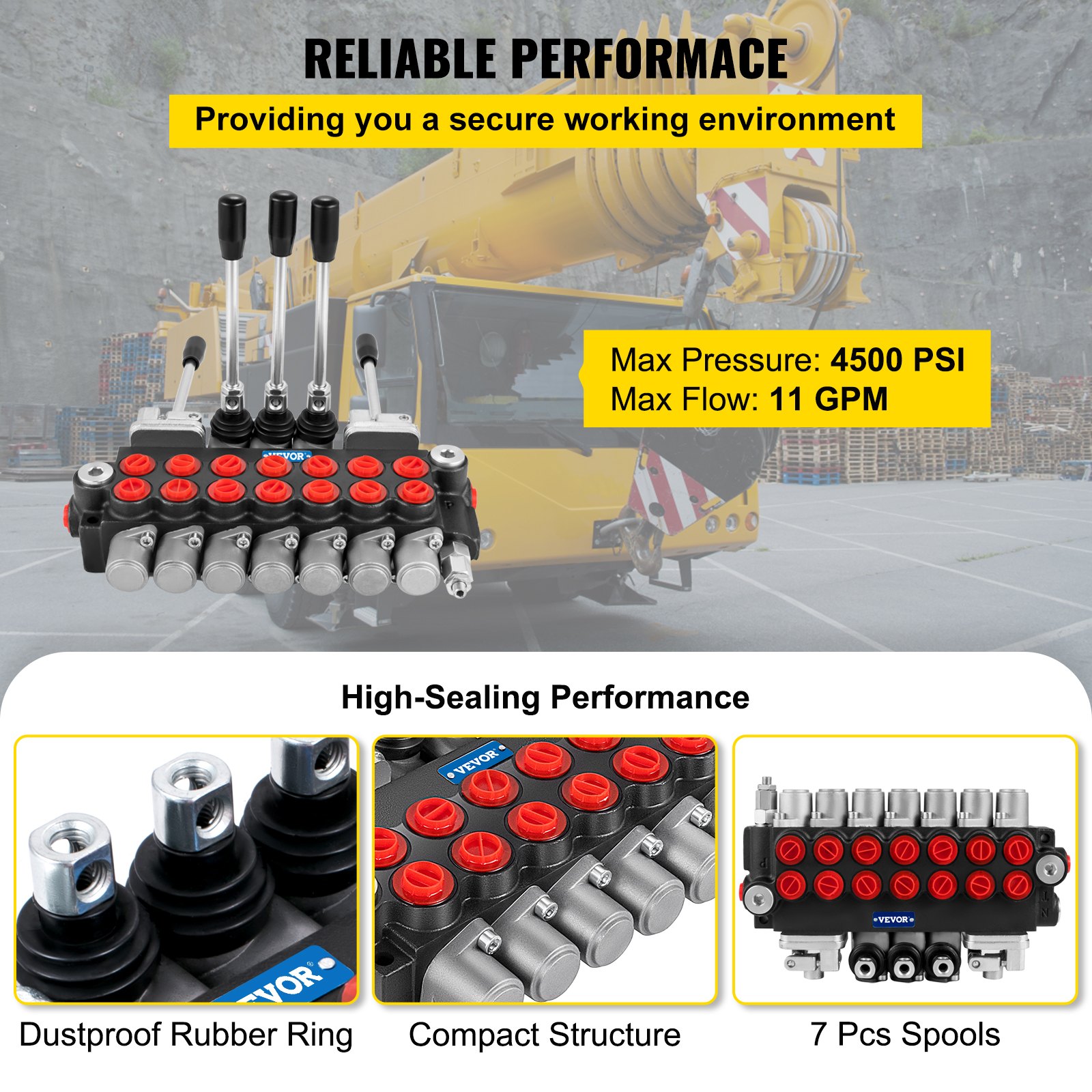 Válvula de control hidráulica VEVOR con 7 carretes, presión máxima 4500 psi, flujo máximo 11 gpm.