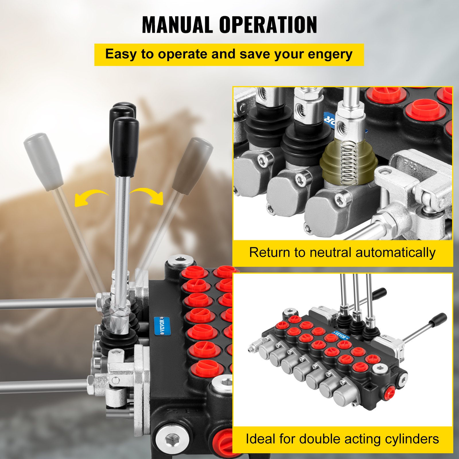 Válvula de control hidráulica VEVOR con operación manual y retorno neutro para cilindros duales.