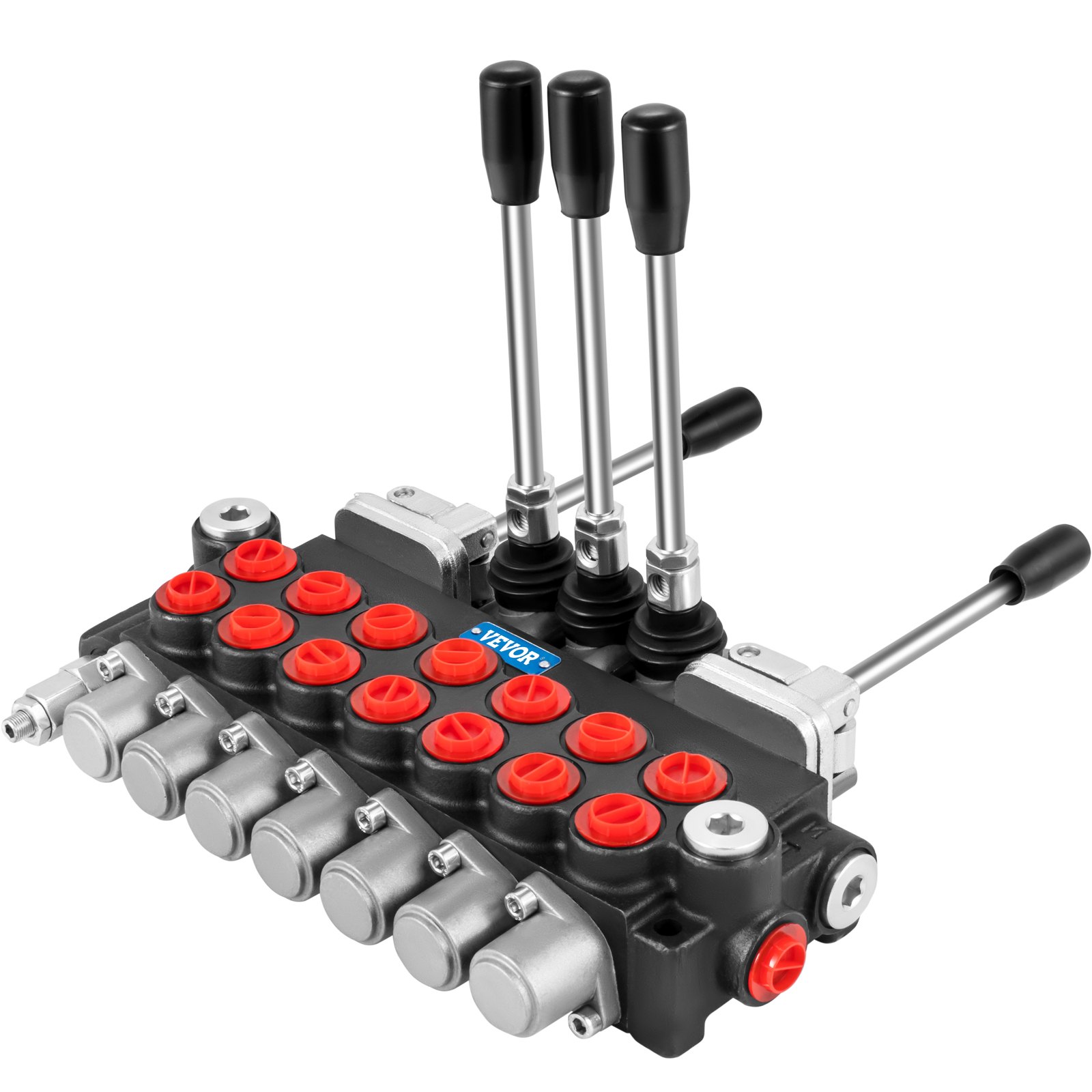 Válvula de control hidráulica VEVOR con 3 palancas y múltiples controles circulares rojos.