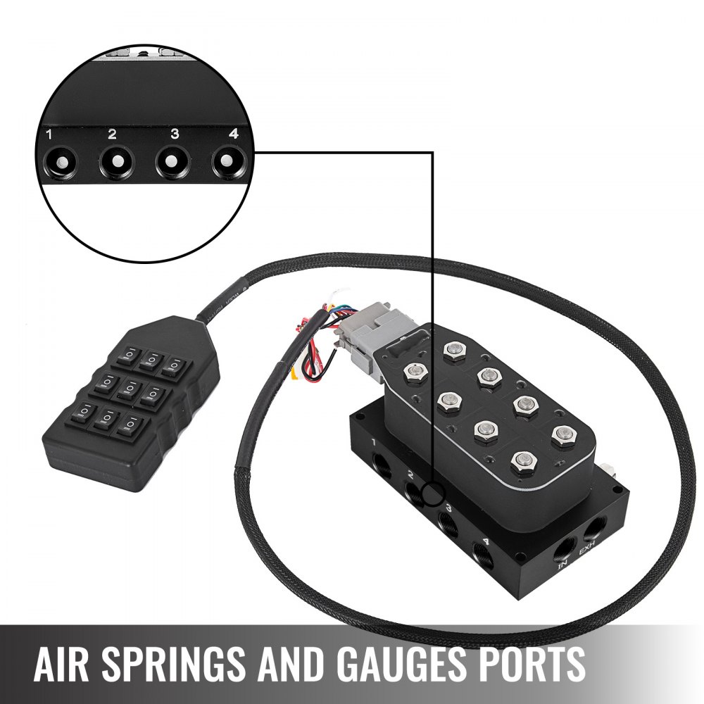 Válvula solenoide VEVOR accu x4 con resortes neumáticos y puertos para manómetros.
