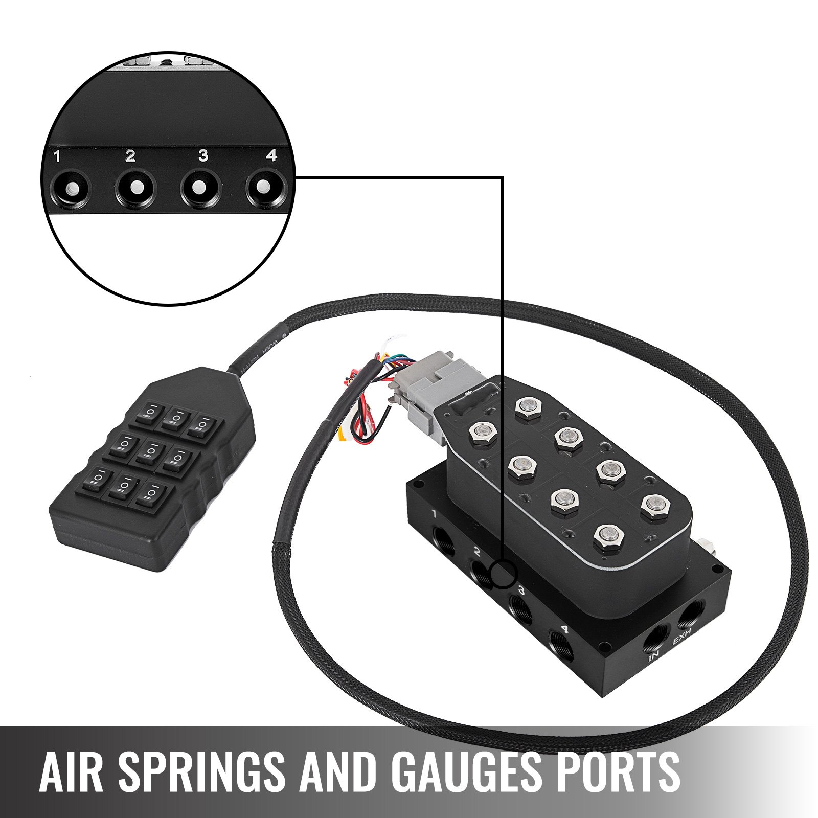Válvula solenoide VEVOR accu x4 con resortes neumáticos y puertos para manómetros.