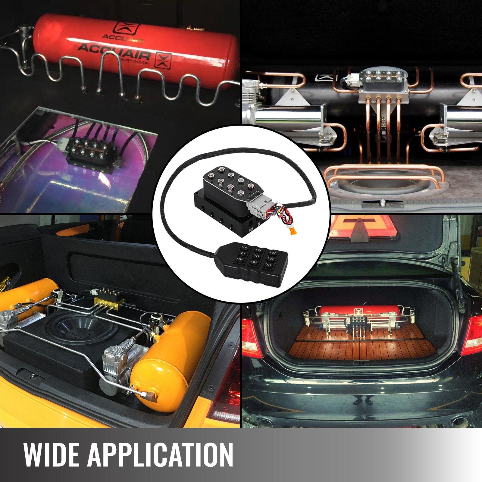 Válvula solenoide VEVOR accu x4 en maleteros de automóviles con varias configuraciones de suspensión neumática.