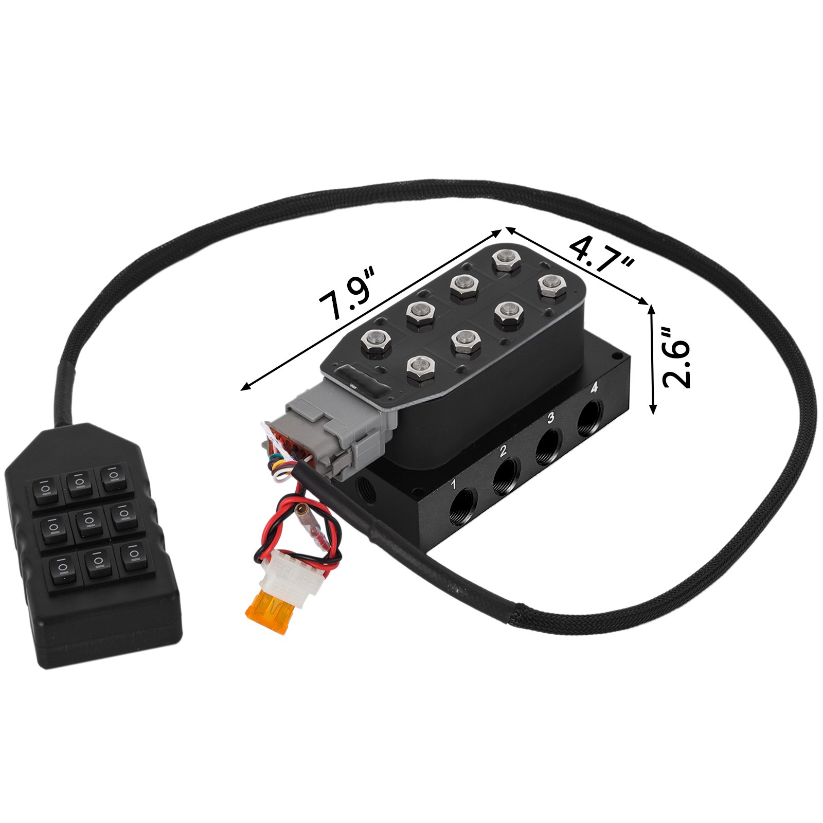 Válvula solenoide VEVOR accu x4 con controlador de teclado y dimensiones mostradas.