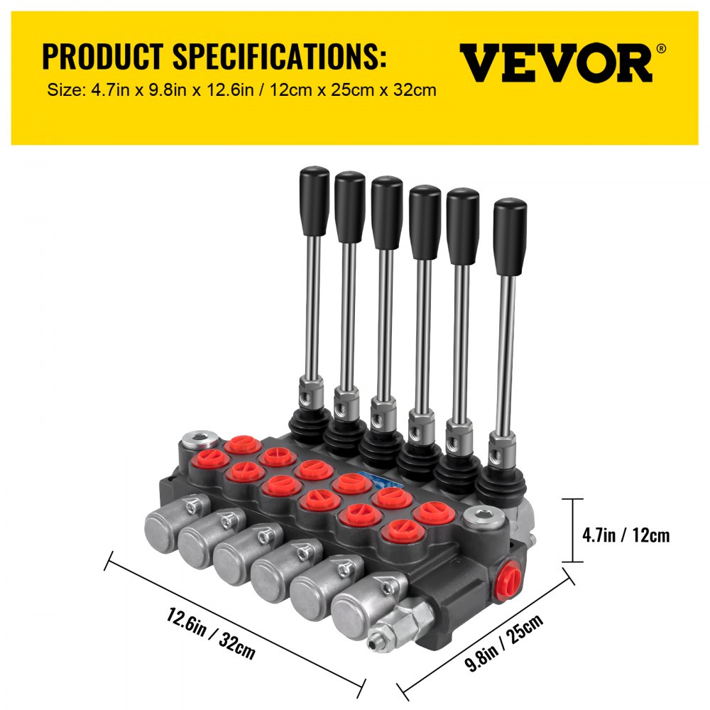 Válvula de control hidráulica VEVOR con 6 palancas, dimensiones: 12cm x 25cm x 32cm.