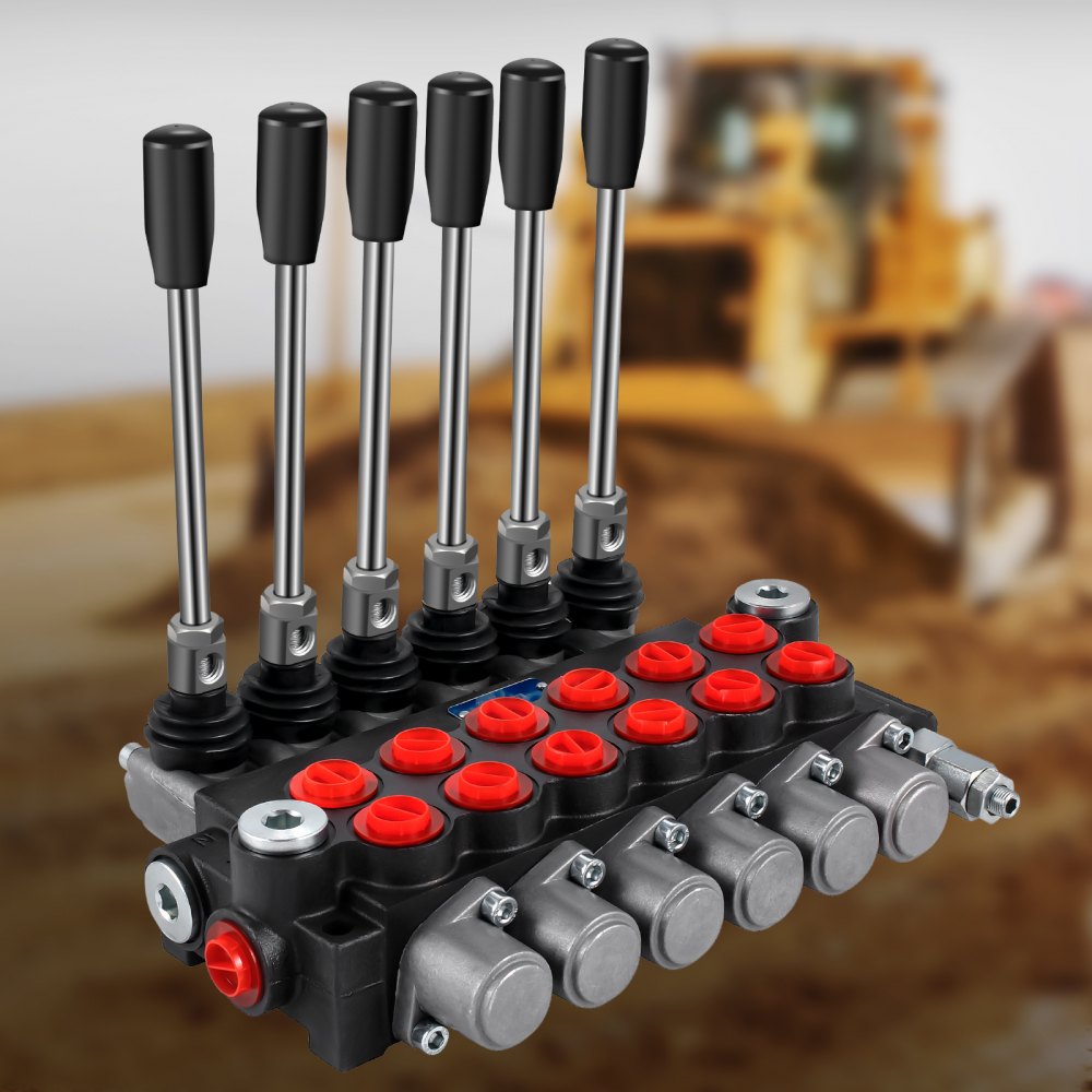 Válvula de control hidráulico con seis palancas, vehículo de construcción borroso al fondo.