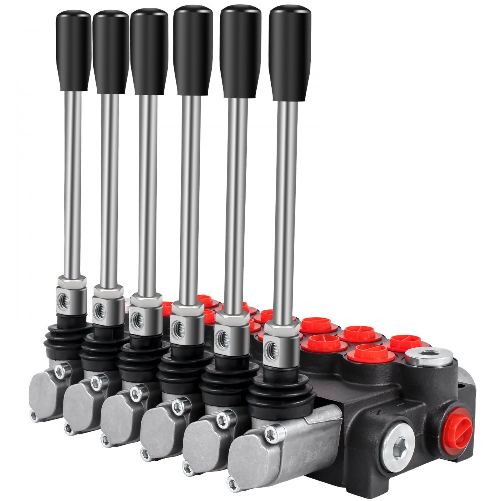 Válvula de control hidráulica VEVOR con seis palancas y empuñaduras negras.