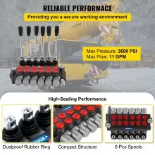 Válvula de control direccional hidráulica VEVOR, válvula de carrete hidráulica de 6 carretes, válvula de cargadora hidráulica de 11 GPM, válvula de control direccional de 3600 PSI, válvulas y controles hidráulicos para tractores, cargadores, tanques