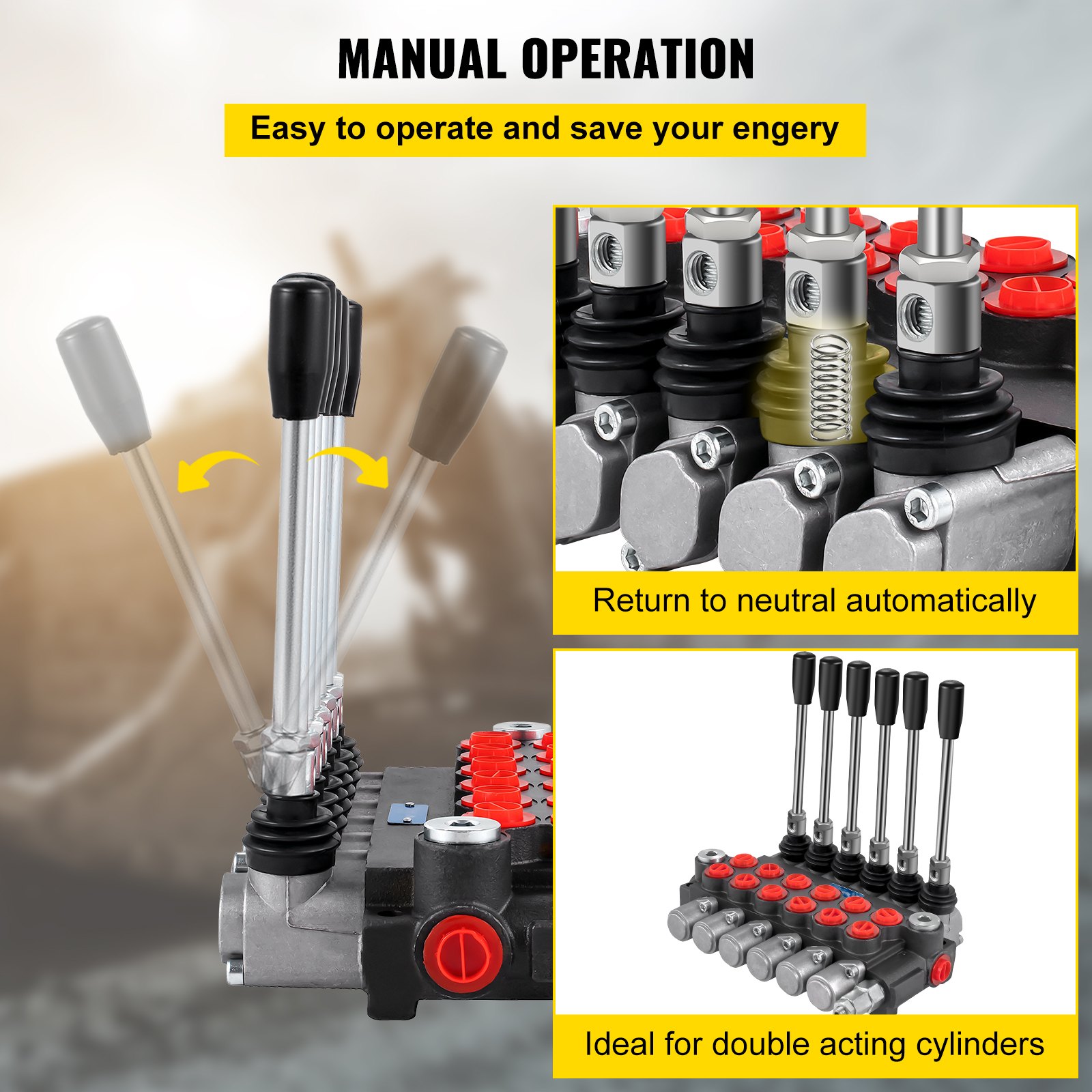 Válvula de control hidráulica VEVOR con operación manual y retorno neutro automático.