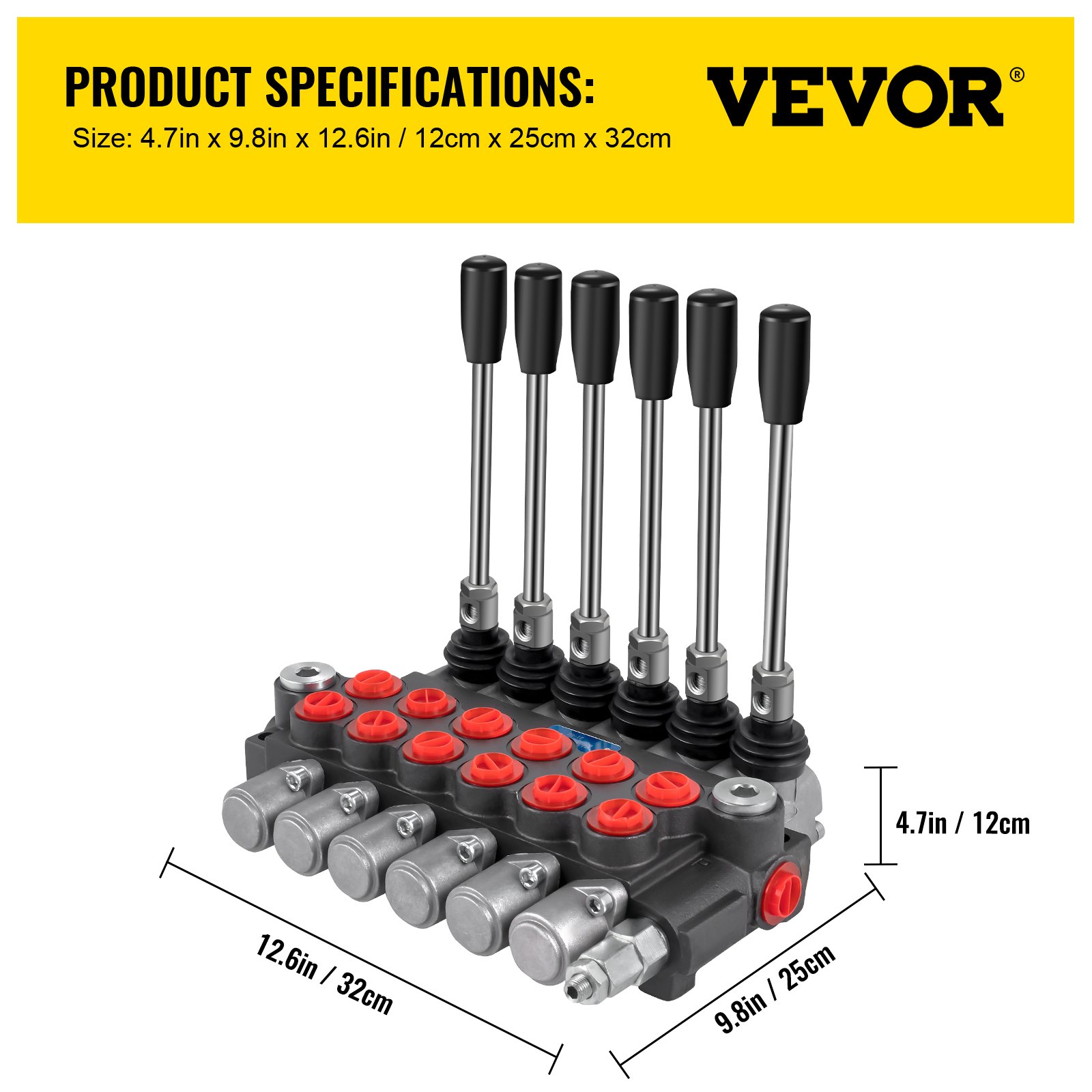 Válvula de control hidráulica VEVOR con 6 palancas, dimensiones: 12cm x 25cm x 32cm.