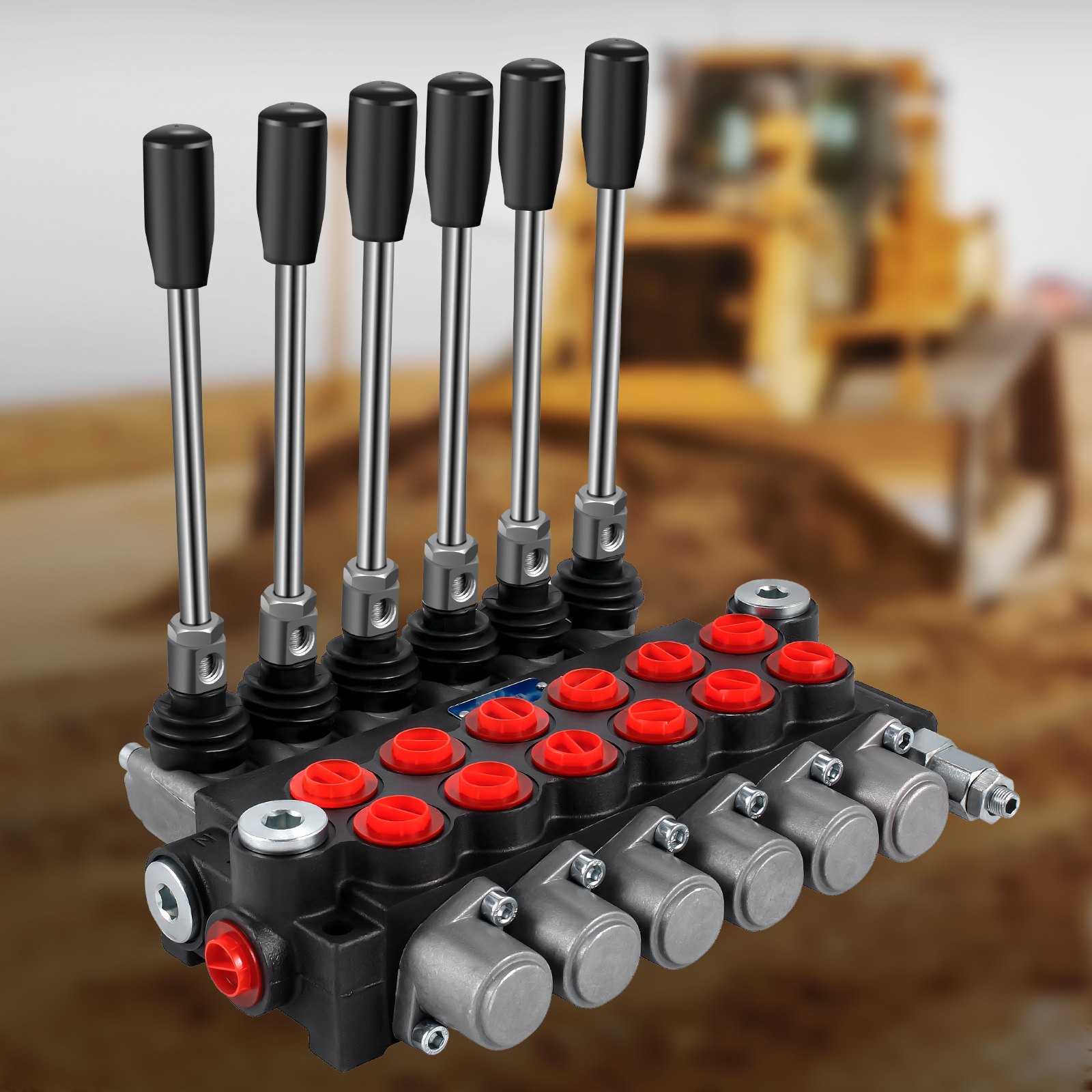 Válvula de control hidráulico con seis palancas, vehículo de construcción borroso al fondo.