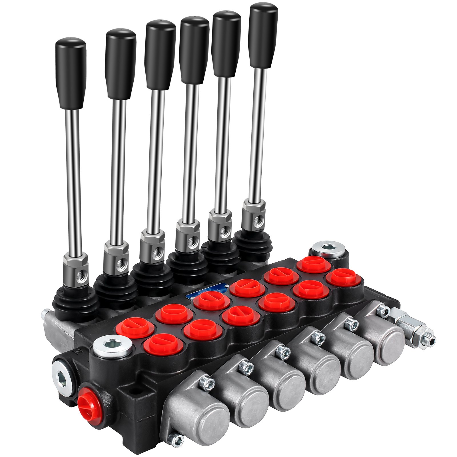 Válvula de control hidráulica VEVOR con seis palancas y componentes rojo y negro.