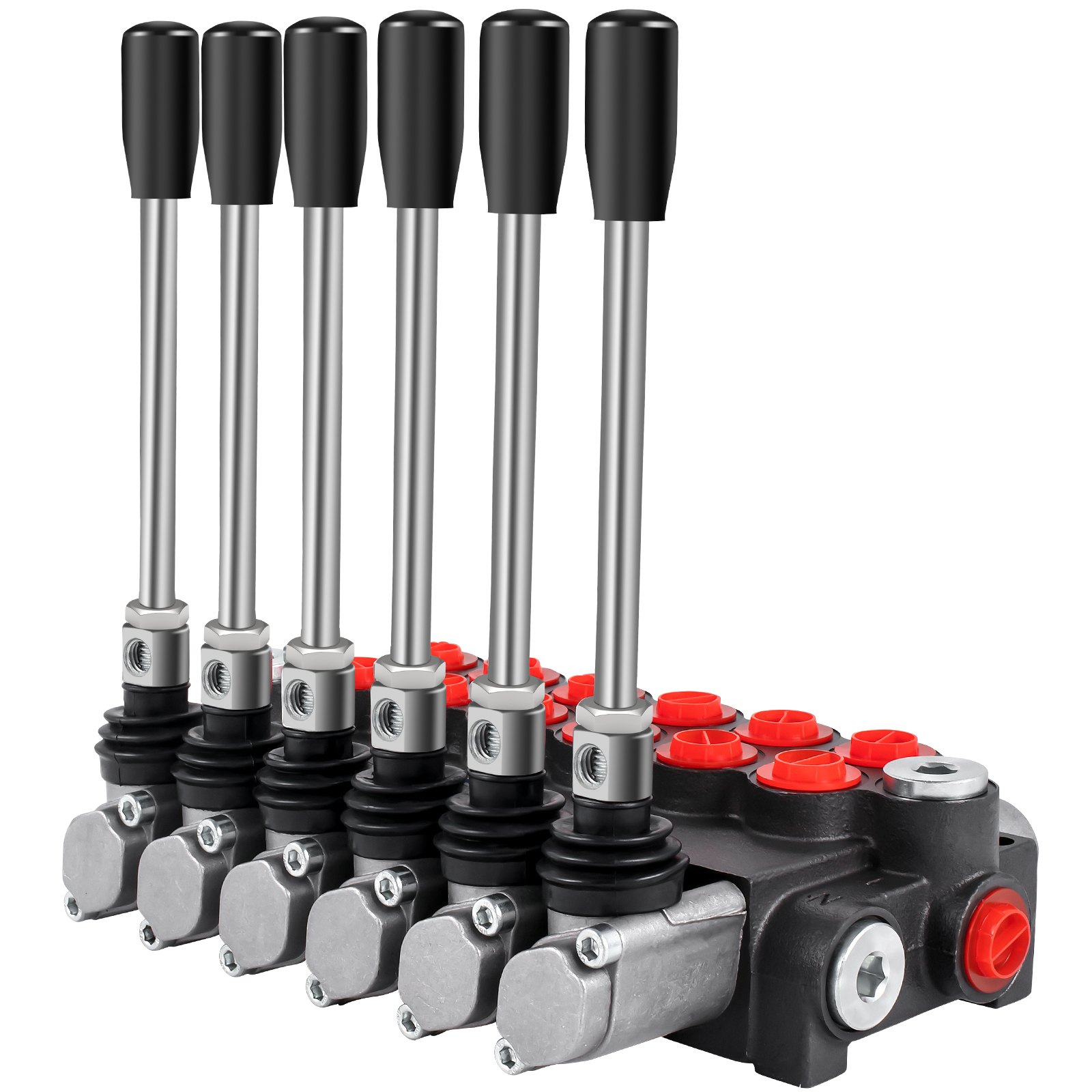 Válvula de control hidráulica VEVOR con seis palancas y empuñaduras negras.