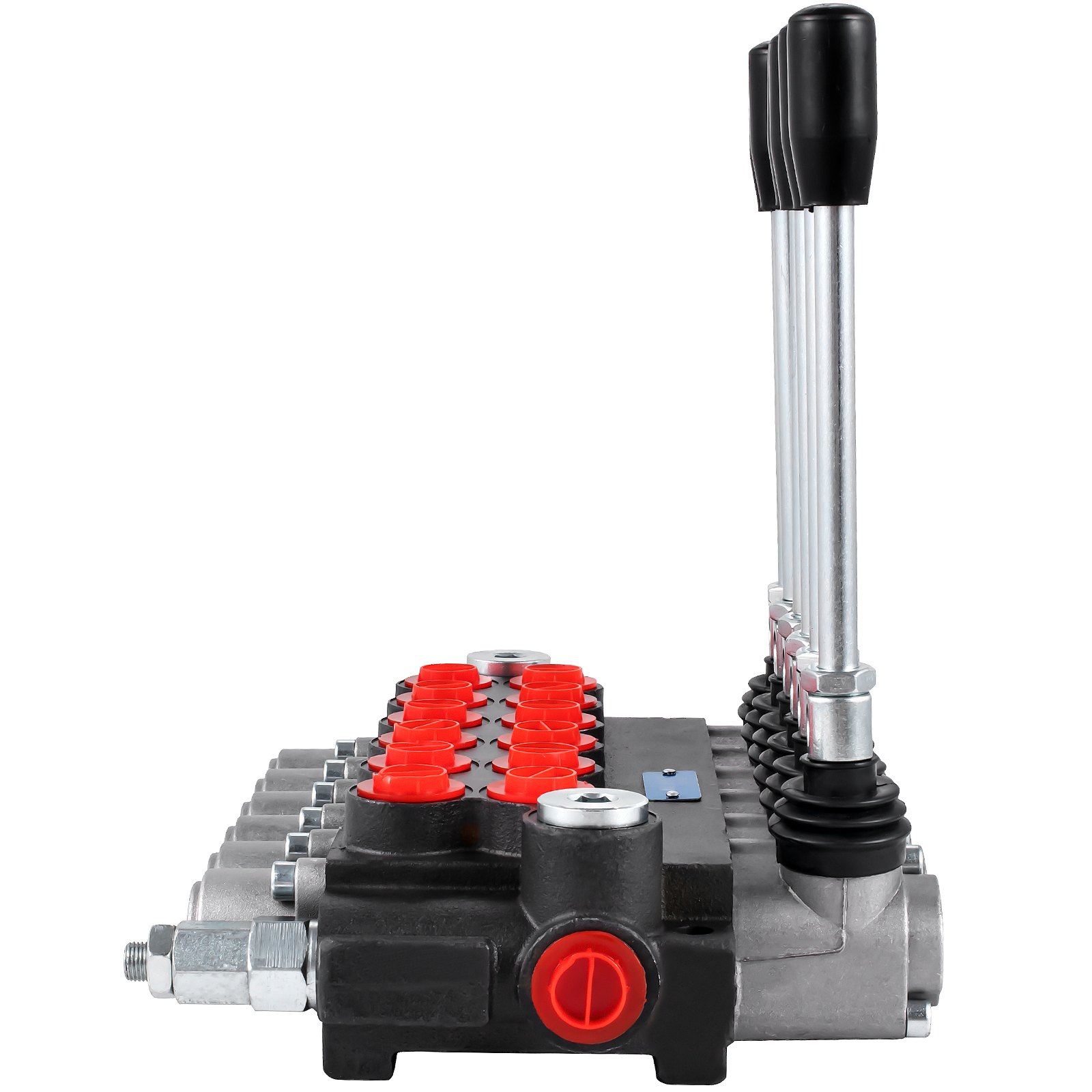 Válvula de control hidráulica VEVOR con múltiples palancas y tapas rojas.