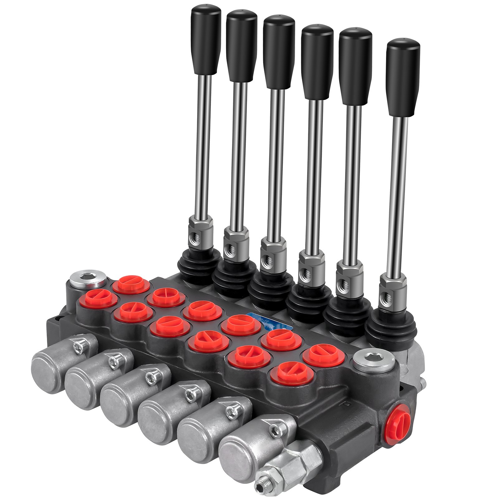 Válvula de control hidráulica VEVOR con seis palancas y puertos de presión rojos.