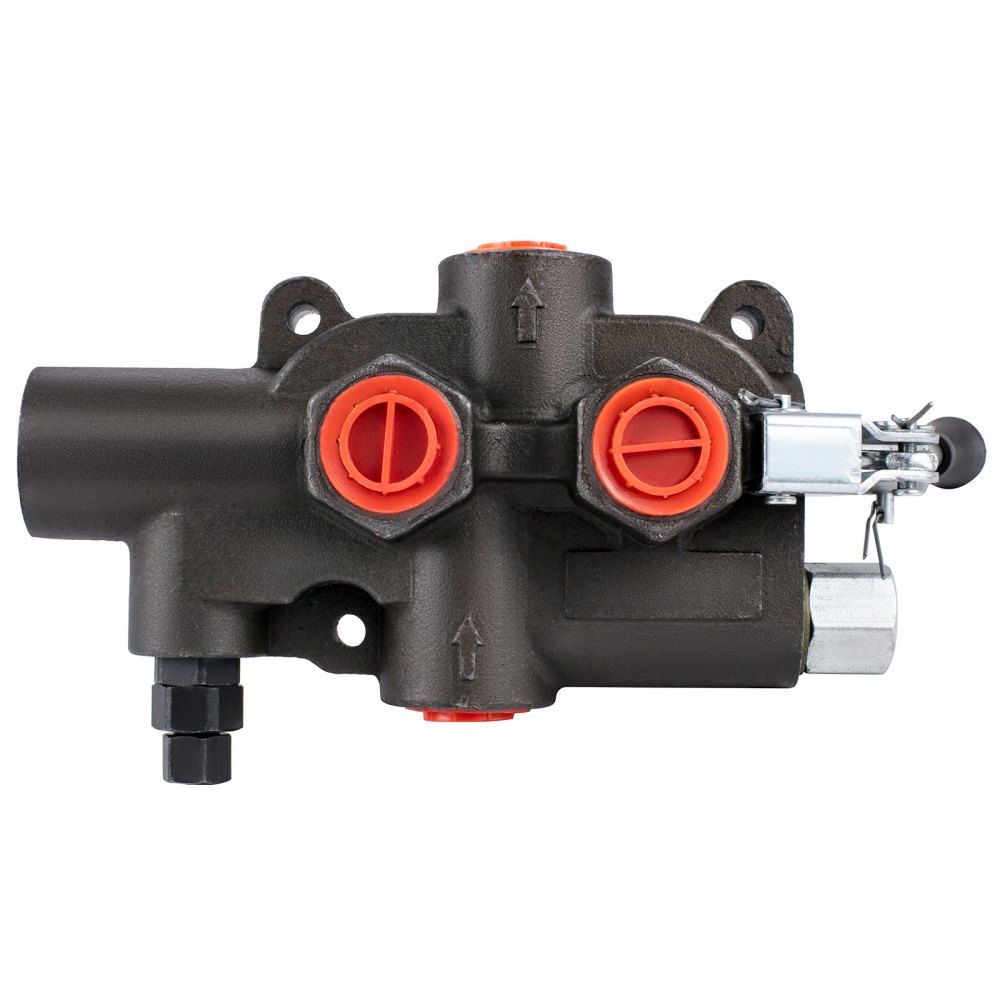 Válvula de control hidráulica VEVOR con componentes negros y naranjas, con accesorios de metal.