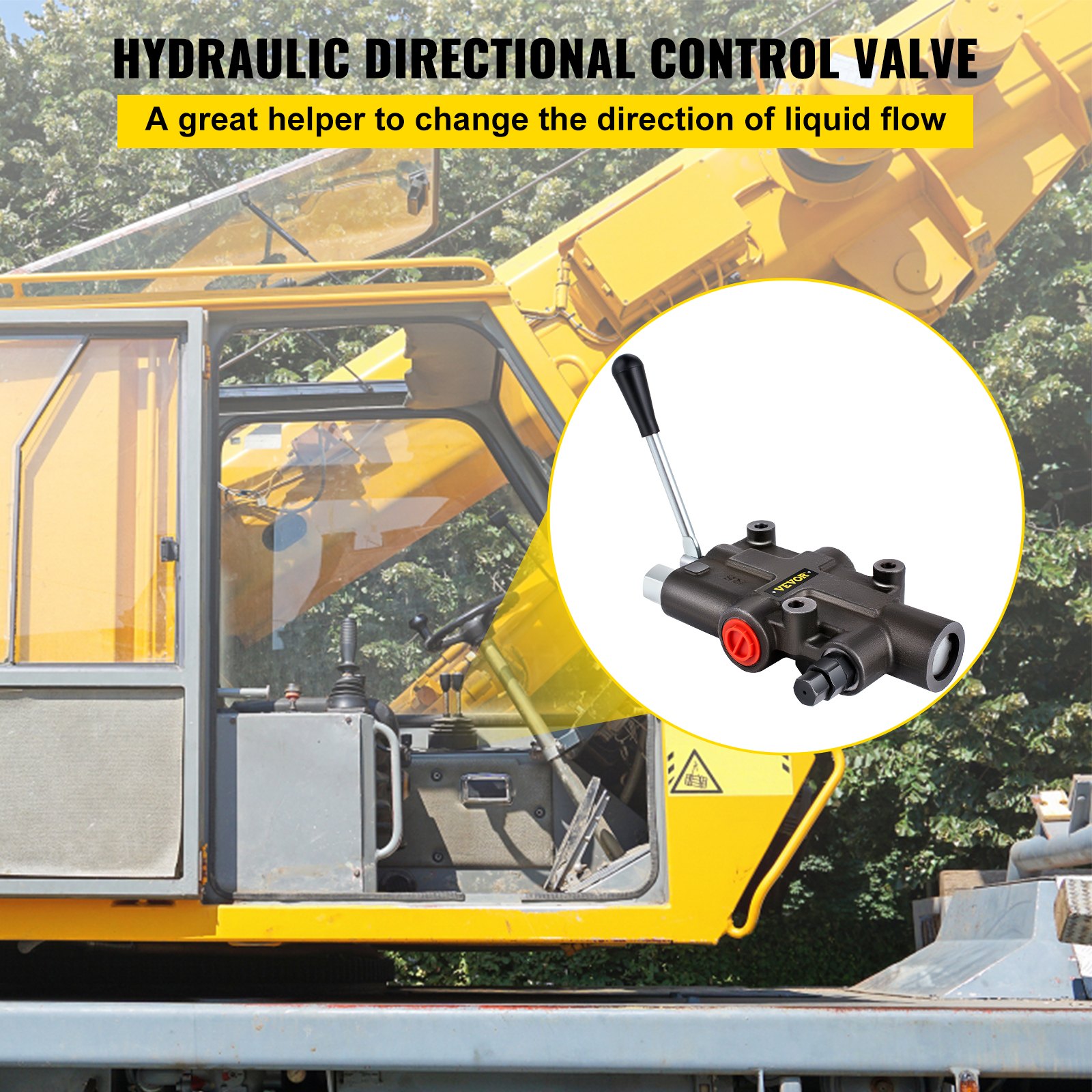 Válvula de control hidráulica VEVOR con manija de palanca en una máquina industrial amarilla.