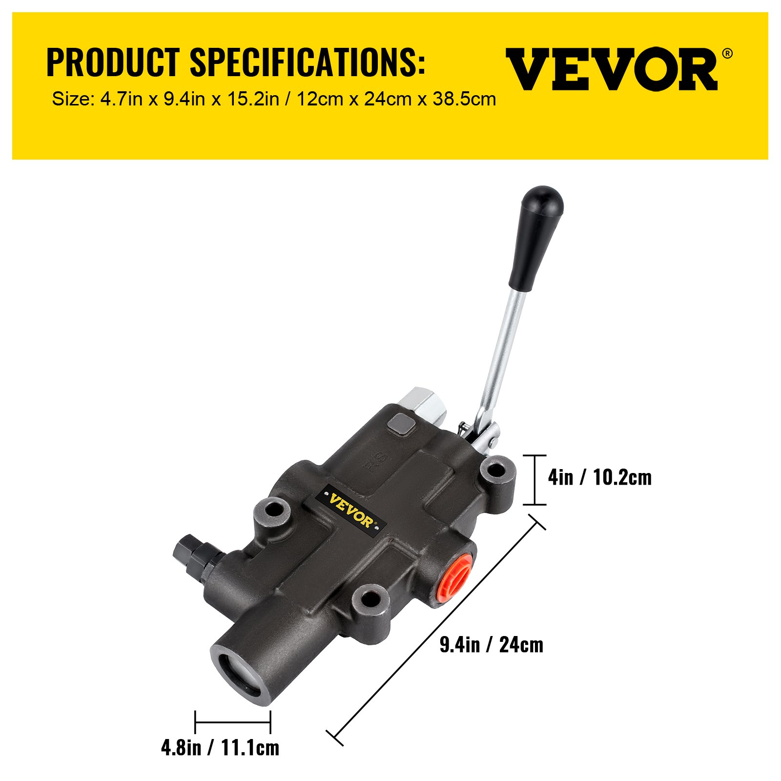 Válvula de control hidráulica VEVOR con dimensiones 4,7 pulgadas x 9,4 pulgadas x 15,2 pulgadas.