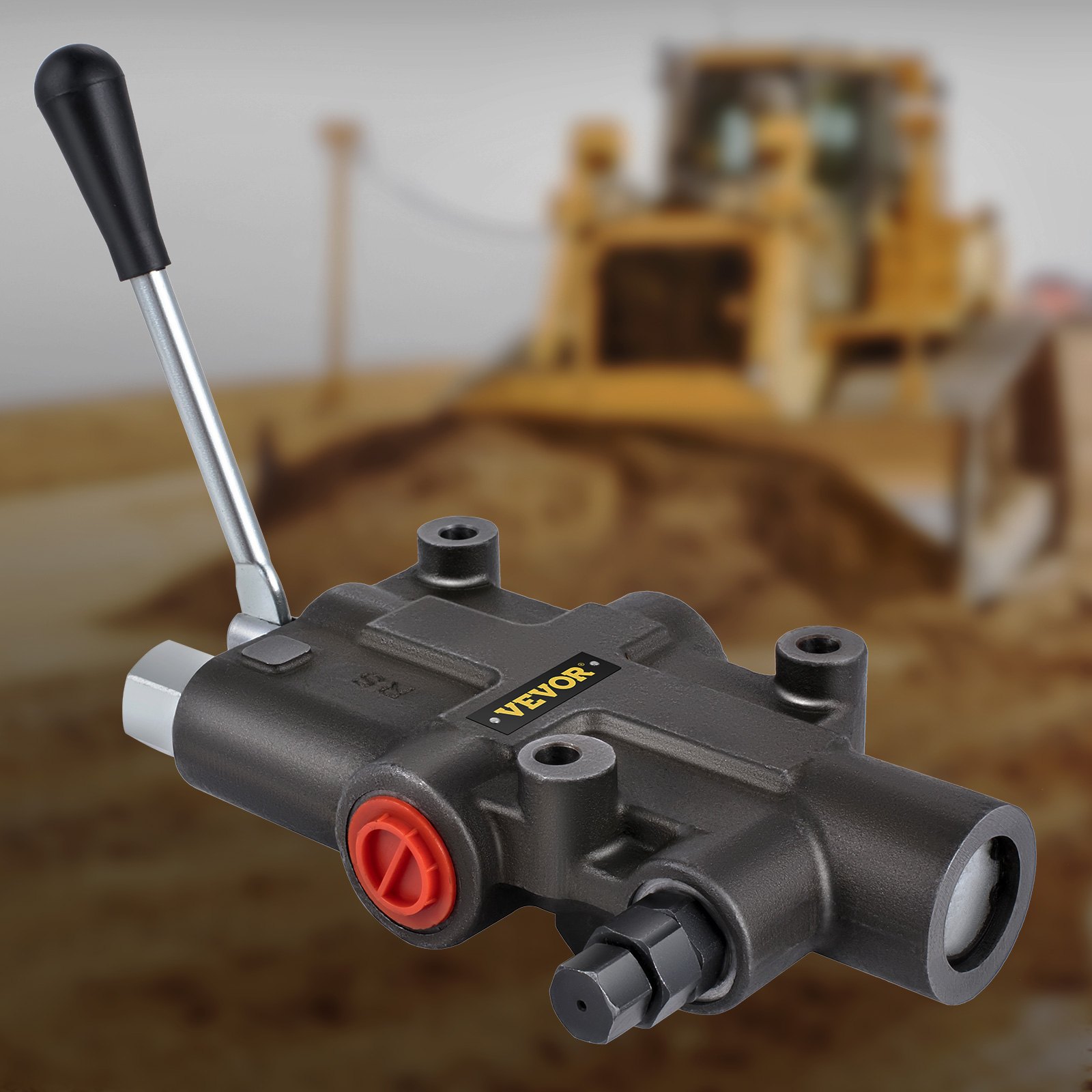 Válvula de control hidráulico VEVOR con equipo de construcción borroso en el fondo.