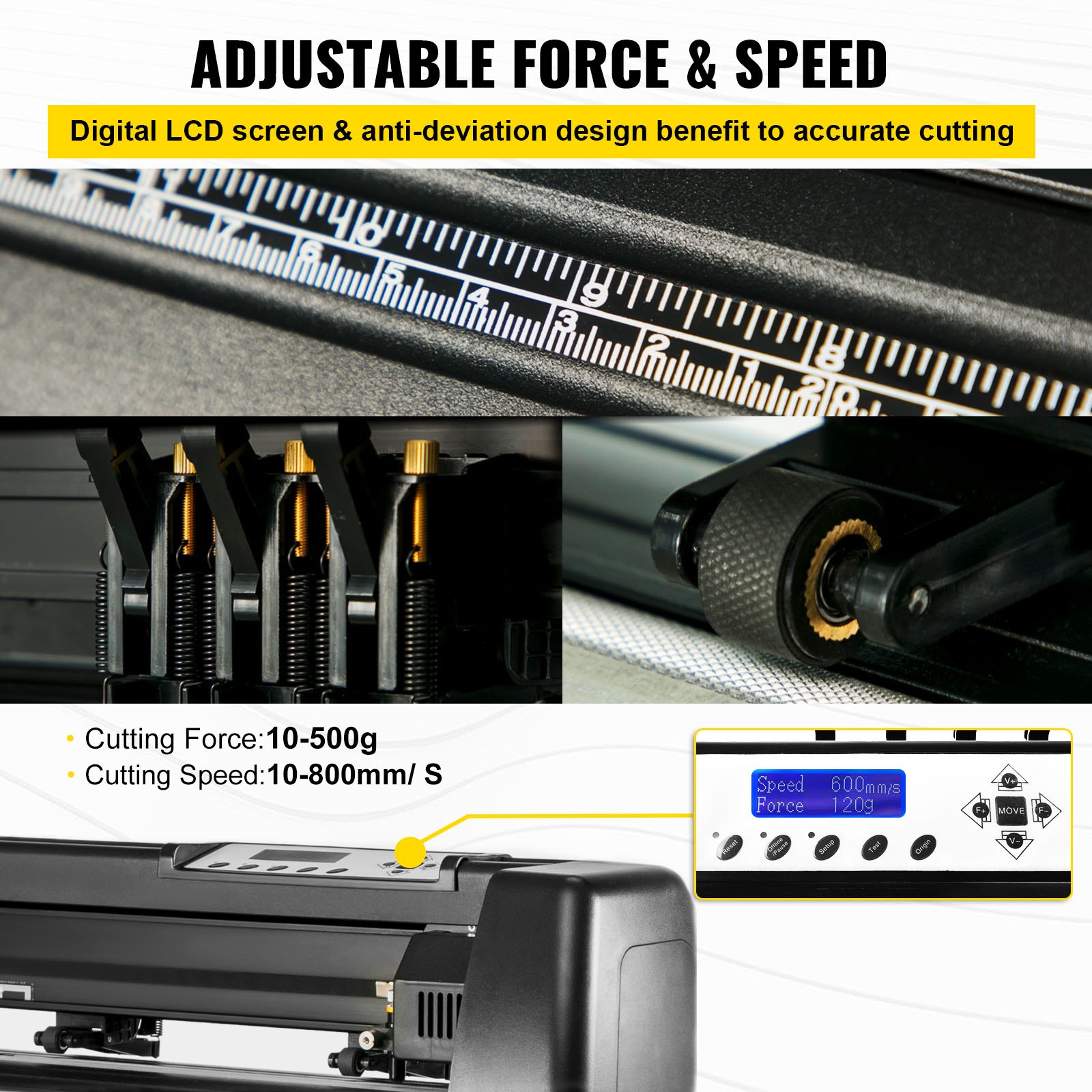 Máquina cortadora de vinilo VEVOR con fuerza y velocidad ajustables, pantalla lcd digital y herramientas de corte.