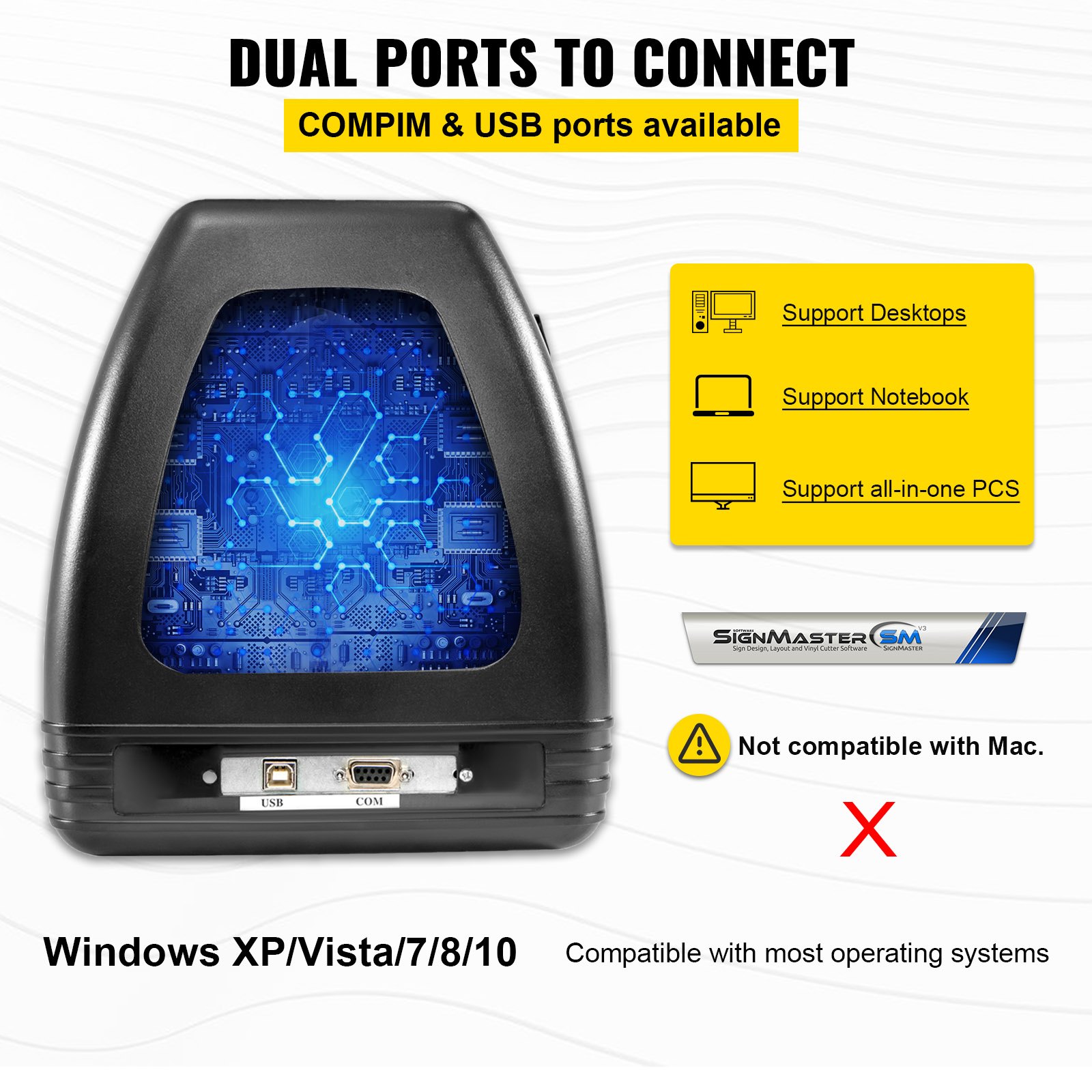 Máquina cortadora de vinilo VEVOR con puertos usb y com, compatible con sistemas windows.