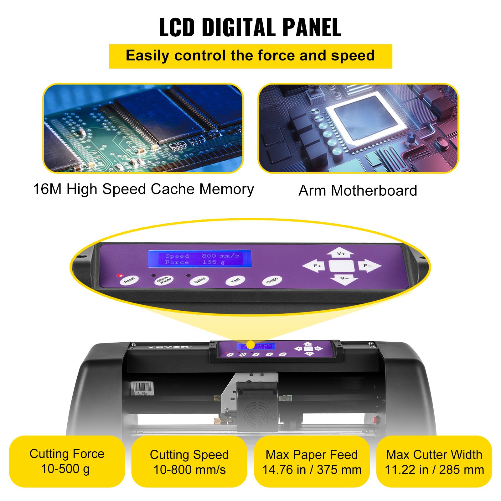 Cortadora de vinilo VEVOR con panel digital LCD, caché de 16 m, placa base ARM y varias especificaciones.