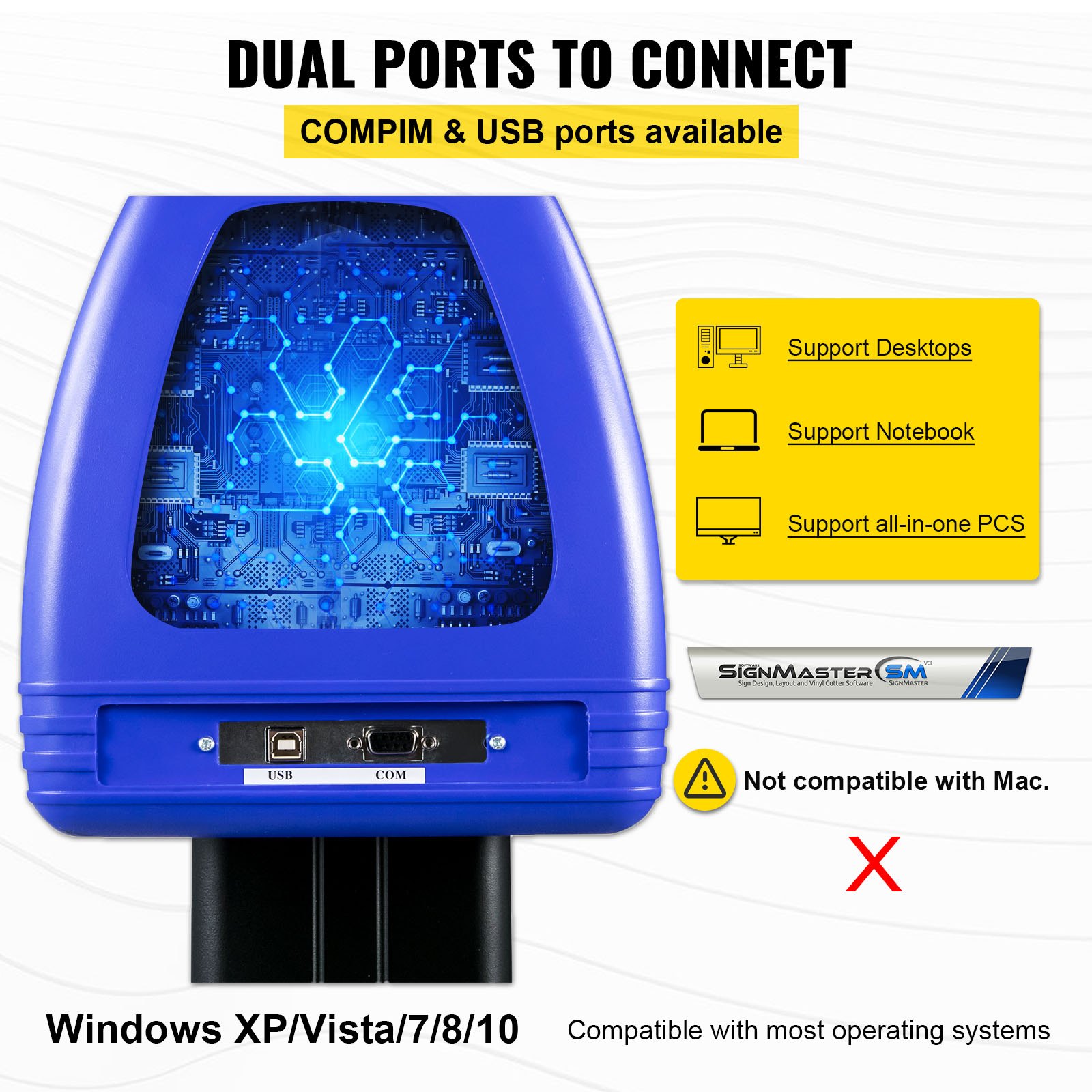 Cortadora de vinilo VEVOR con puertos compim y usb, compatible con varias PC, no compatible con Mac.