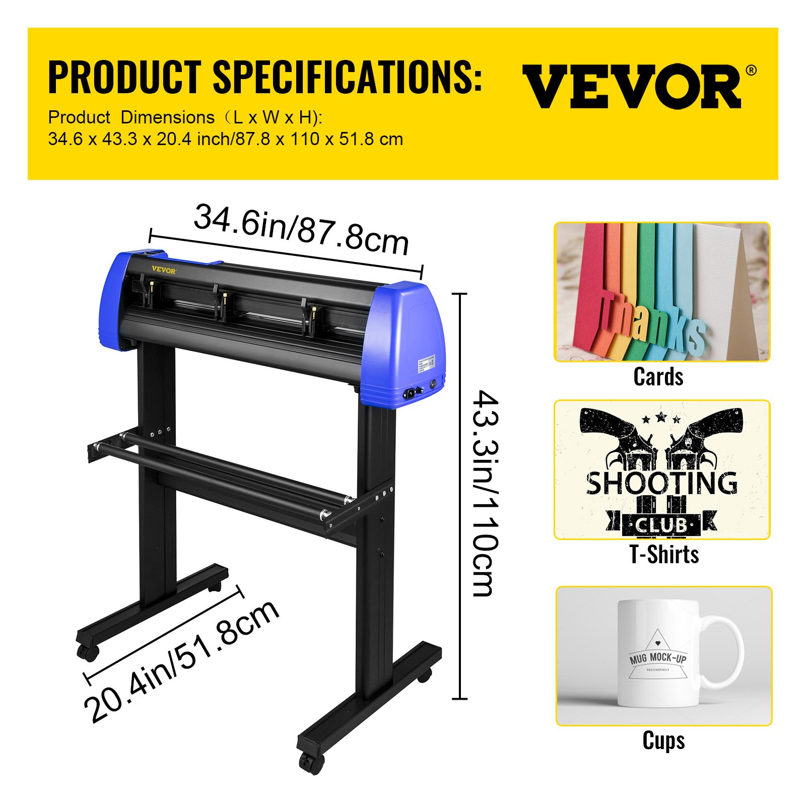 Dimensiones del cortador de vinilo VEVOR con ejemplos de tarjetas, camisetas y tazas.