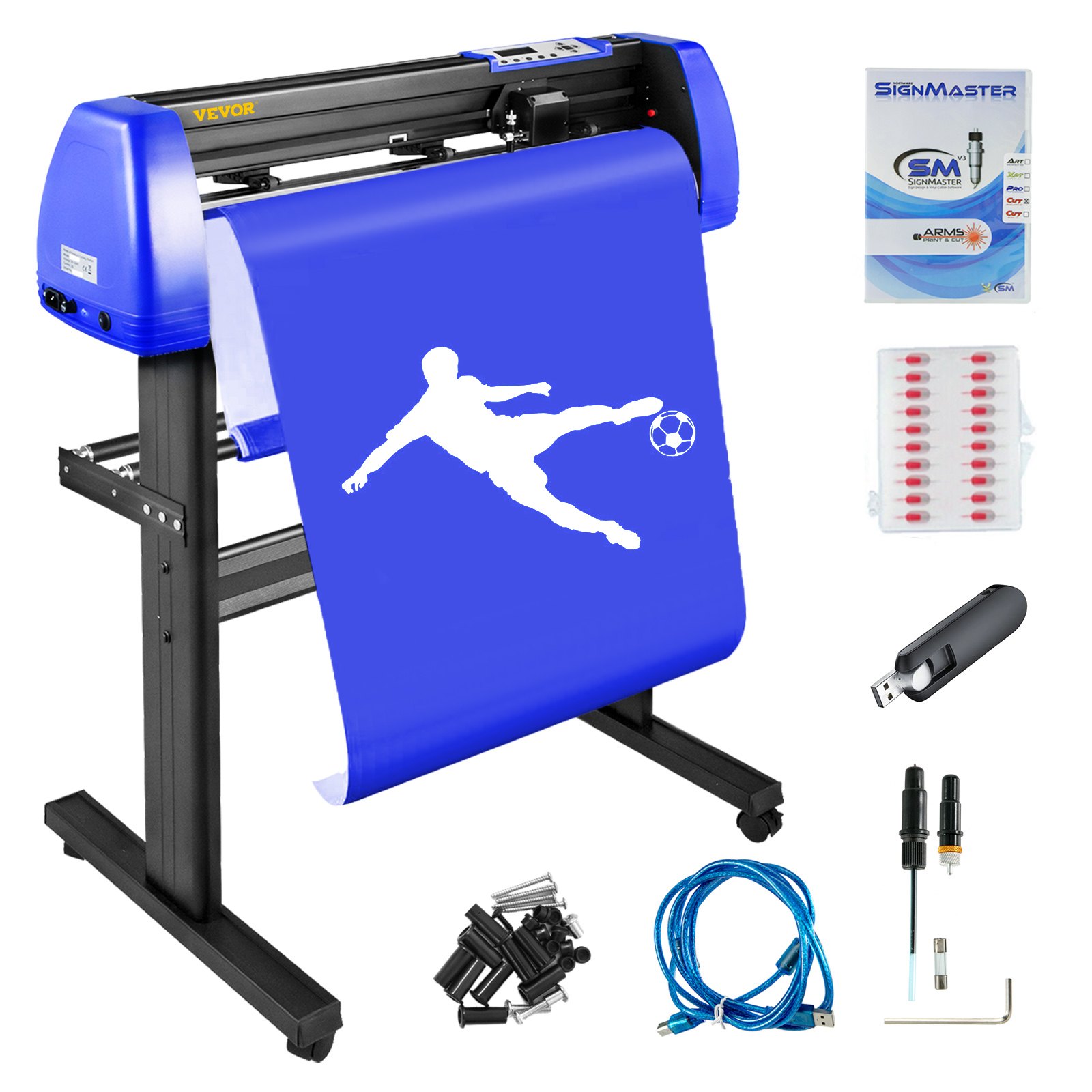 Cortadora de vinilo VEVOR con silueta de fútbol, accesorios, software signmaster y usb.