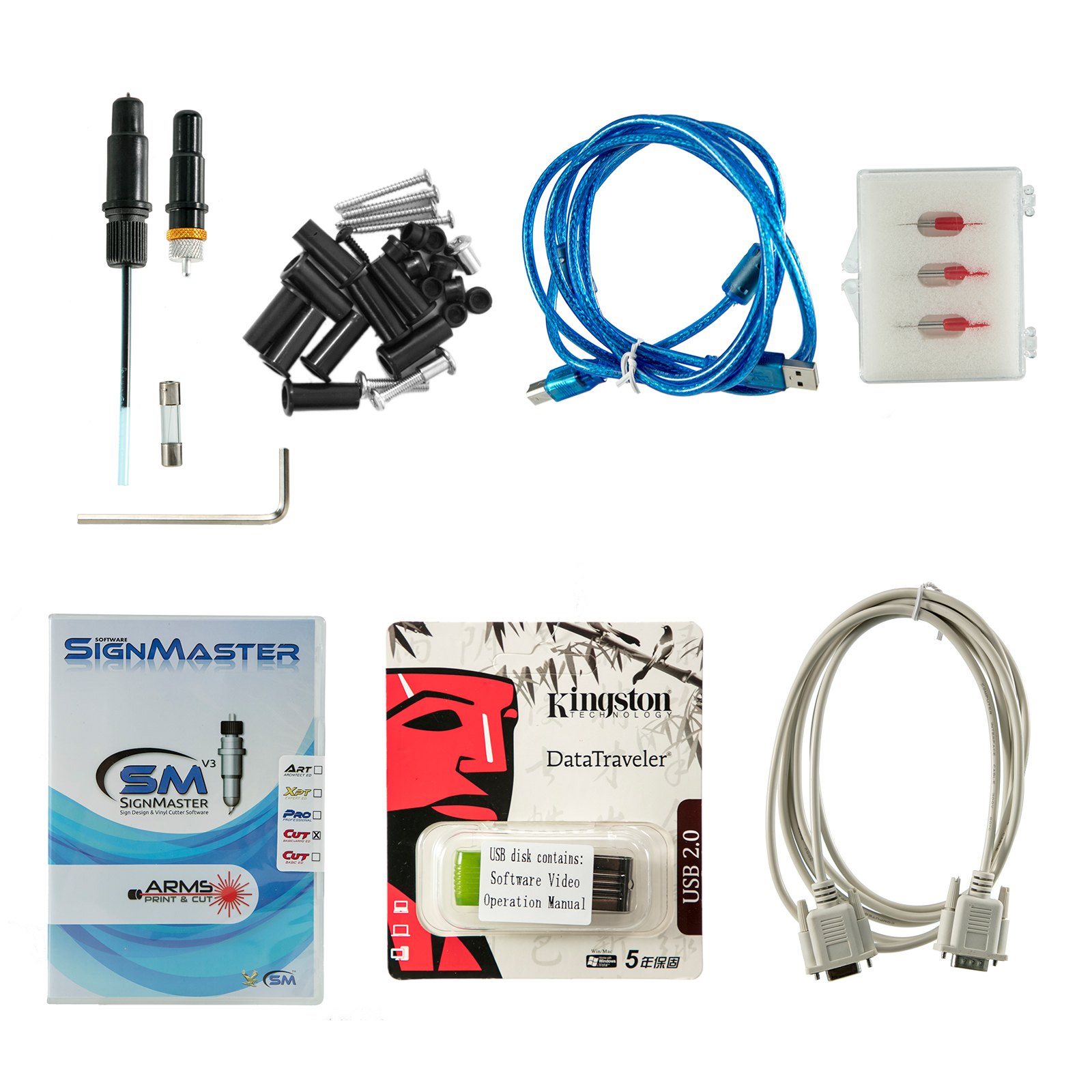 Accesorios de corte de vinilo VEVOR que incluyen herramientas, cables, software Signmaster y unidad USB.