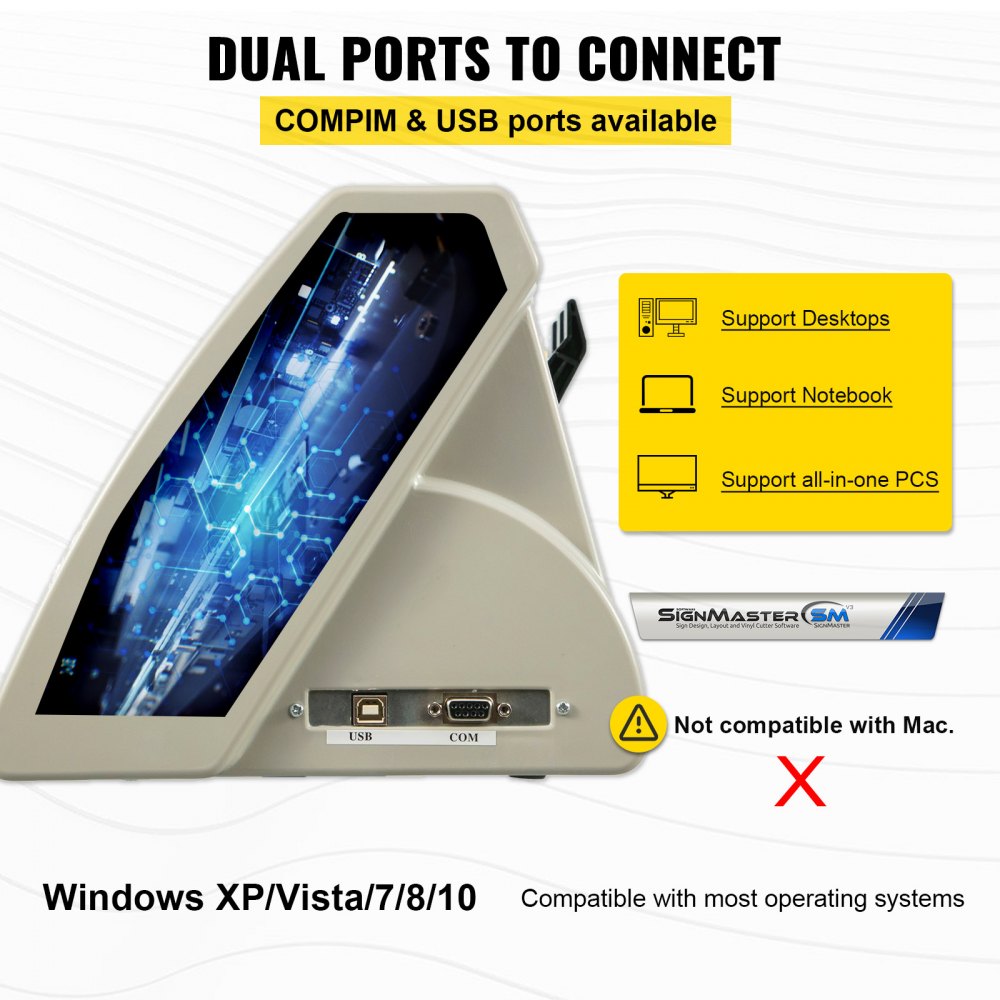Puertos duales para COM y USB en la máquina cortadora de vinilo VEVOR, compatible con Windows.