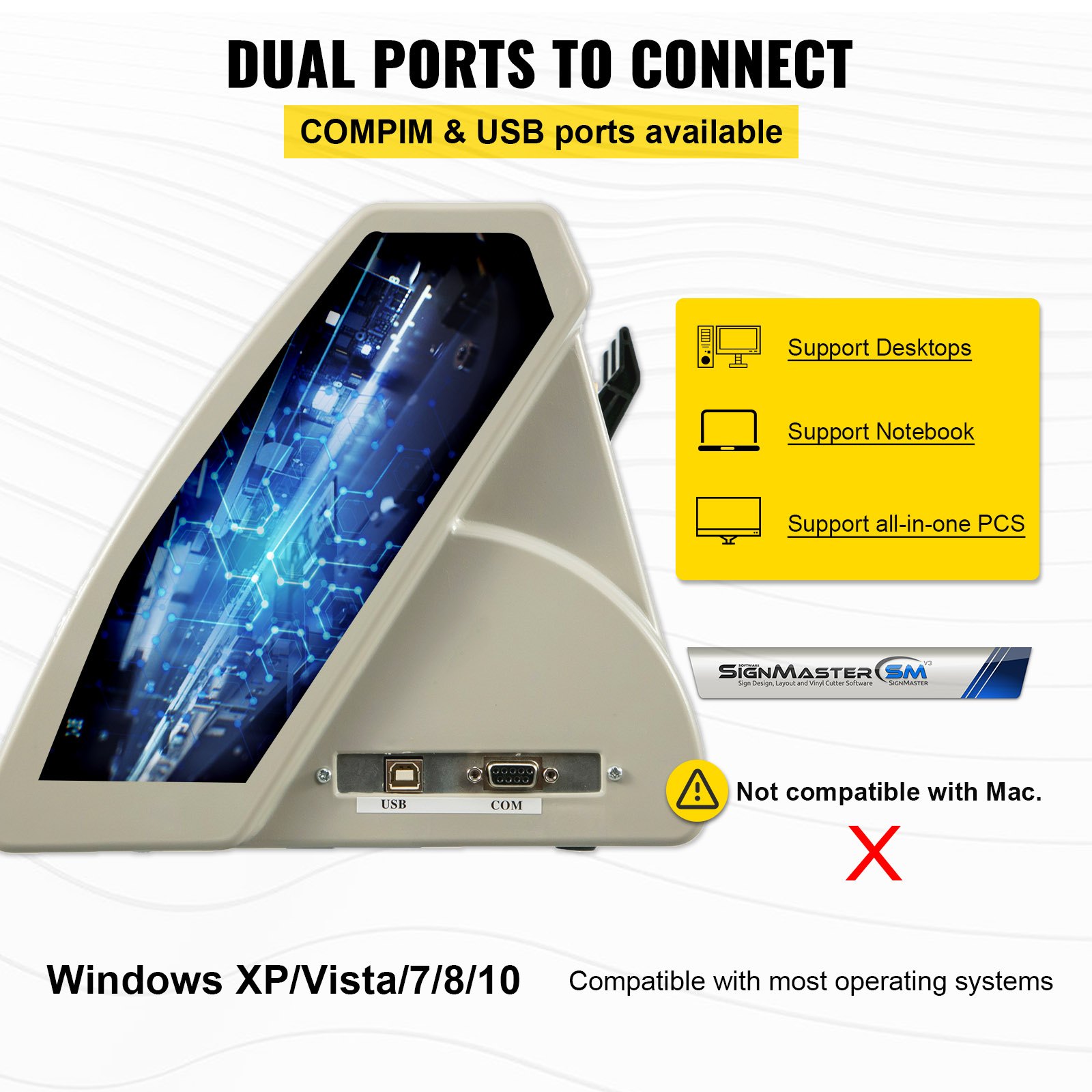 Puertos duales para COM y USB en la máquina cortadora de vinilo VEVOR, compatible con Windows.