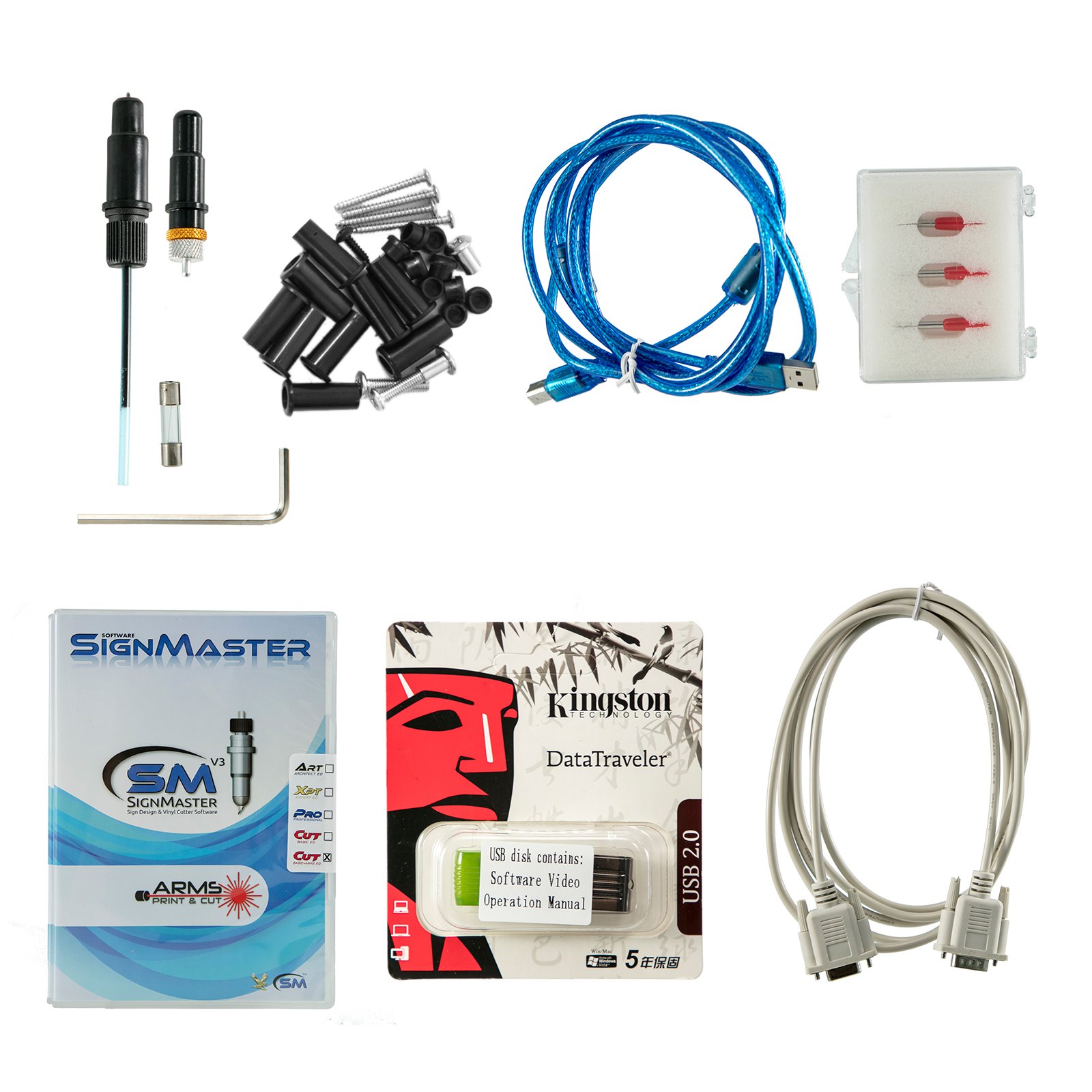 Accesorios para máquina cortadora de vinilo VEVOR, incluidos cables, cuchillas y software.