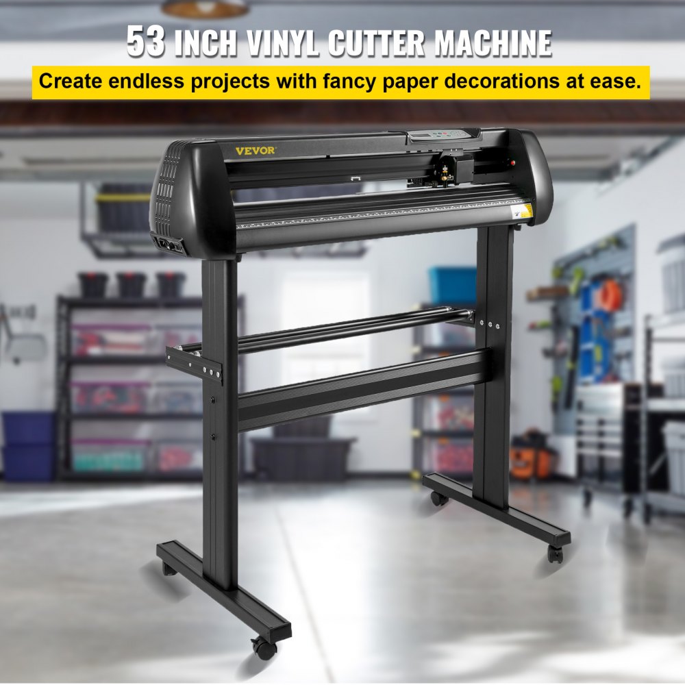 Cortadora de vinilo VEVOR en un entorno de taller, máquina de 53 pulgadas sobre soporte de metal.
