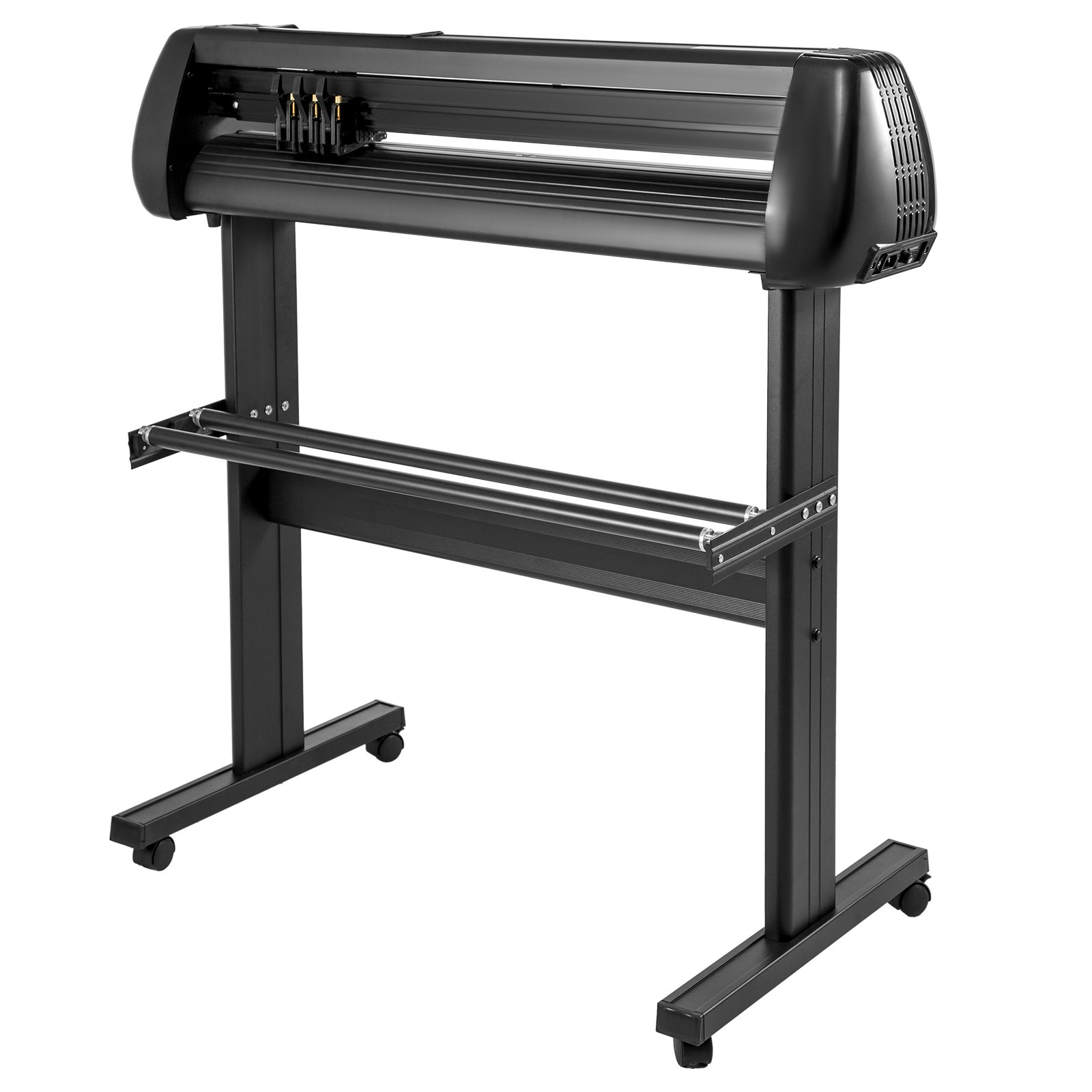 Cortadora de vinilo VEVOR con soporte y rodillos sobre ruedas.