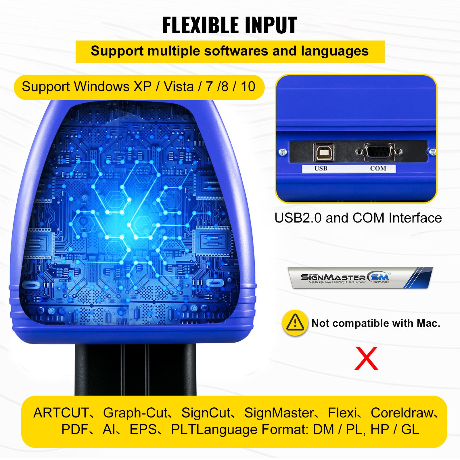 Máquina cortadora de vinilo VEVOR con interfaz usb2.0 y com, compatible con windows.