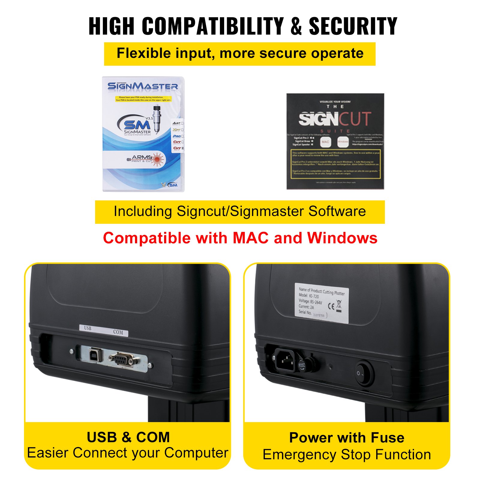 Puertos USB y de alimentación de la máquina cortadora de vinilo VEVOR, compatible con Mac y Windows.
