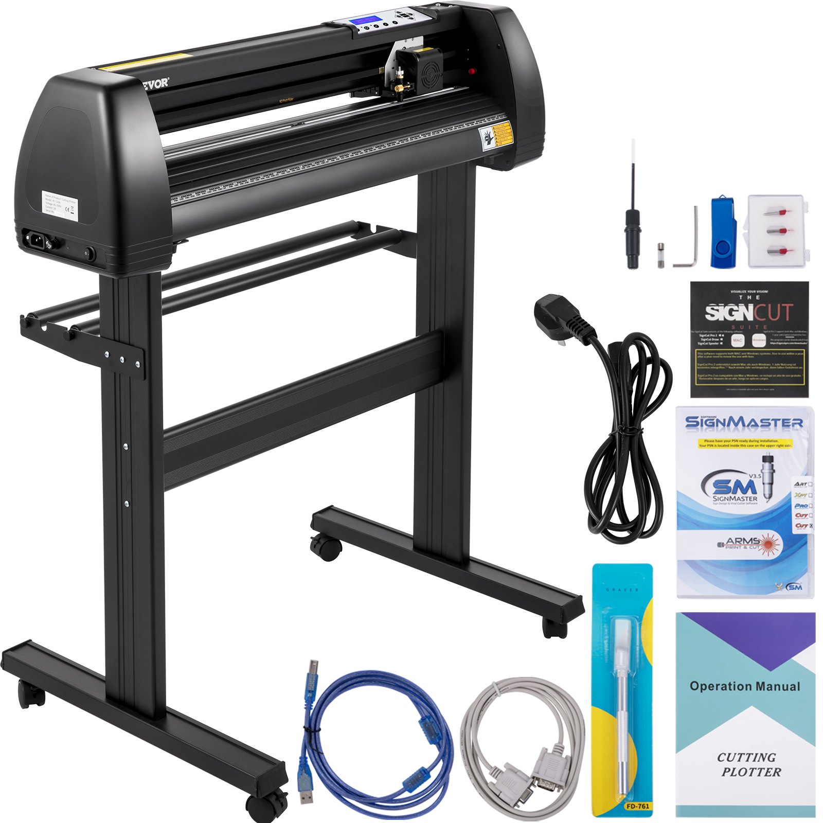 Máquina cortadora de vinilo VEVOR con soporte, cables, software y kit de accesorios.