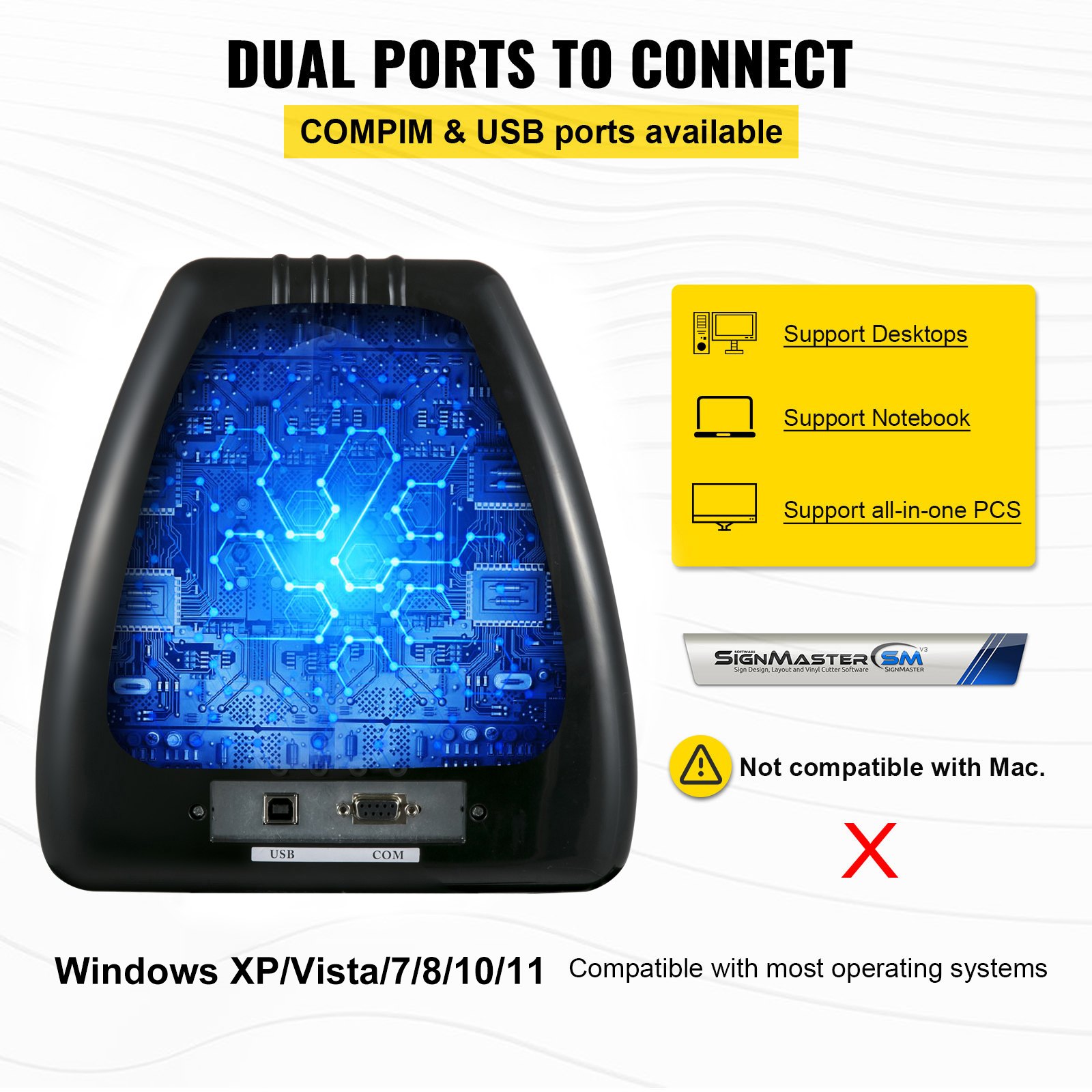 Puertos duales para cortador de vinilo VEVOR, compim y usb, compatible con Windows XP/Vista/7/8/10/11, no Mac.